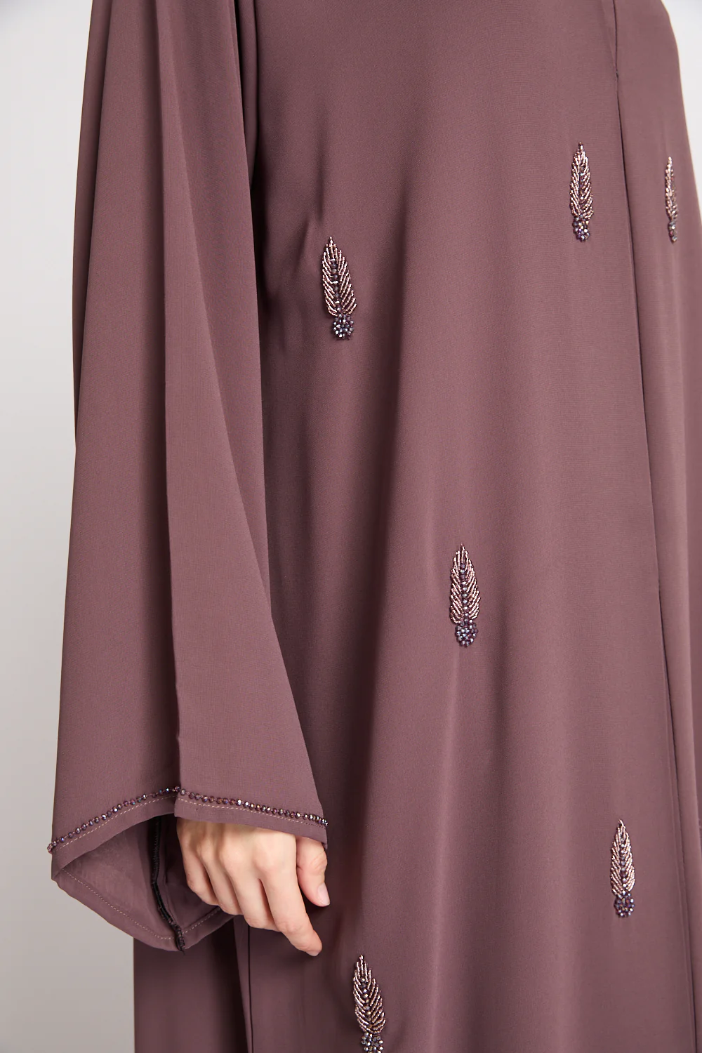 Premium Jewel Motif Embellished Chiffon Open Abaya - Mink Mauve - Image 4