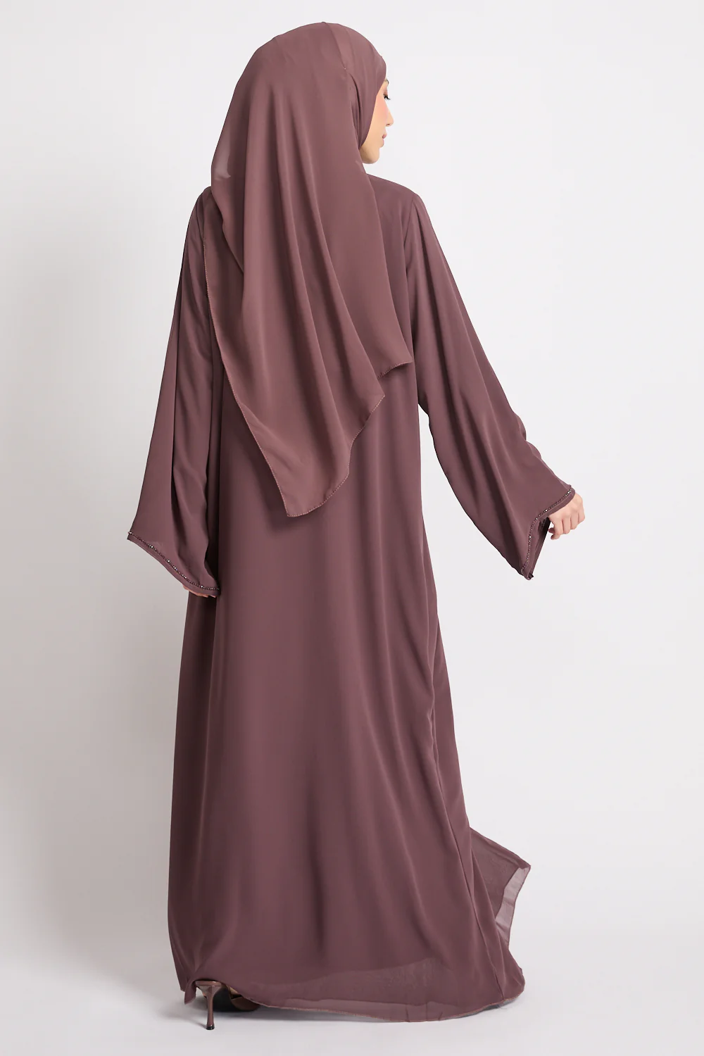 Premium Jewel Motif Embellished Chiffon Open Abaya - Mink Mauve - Image 5
