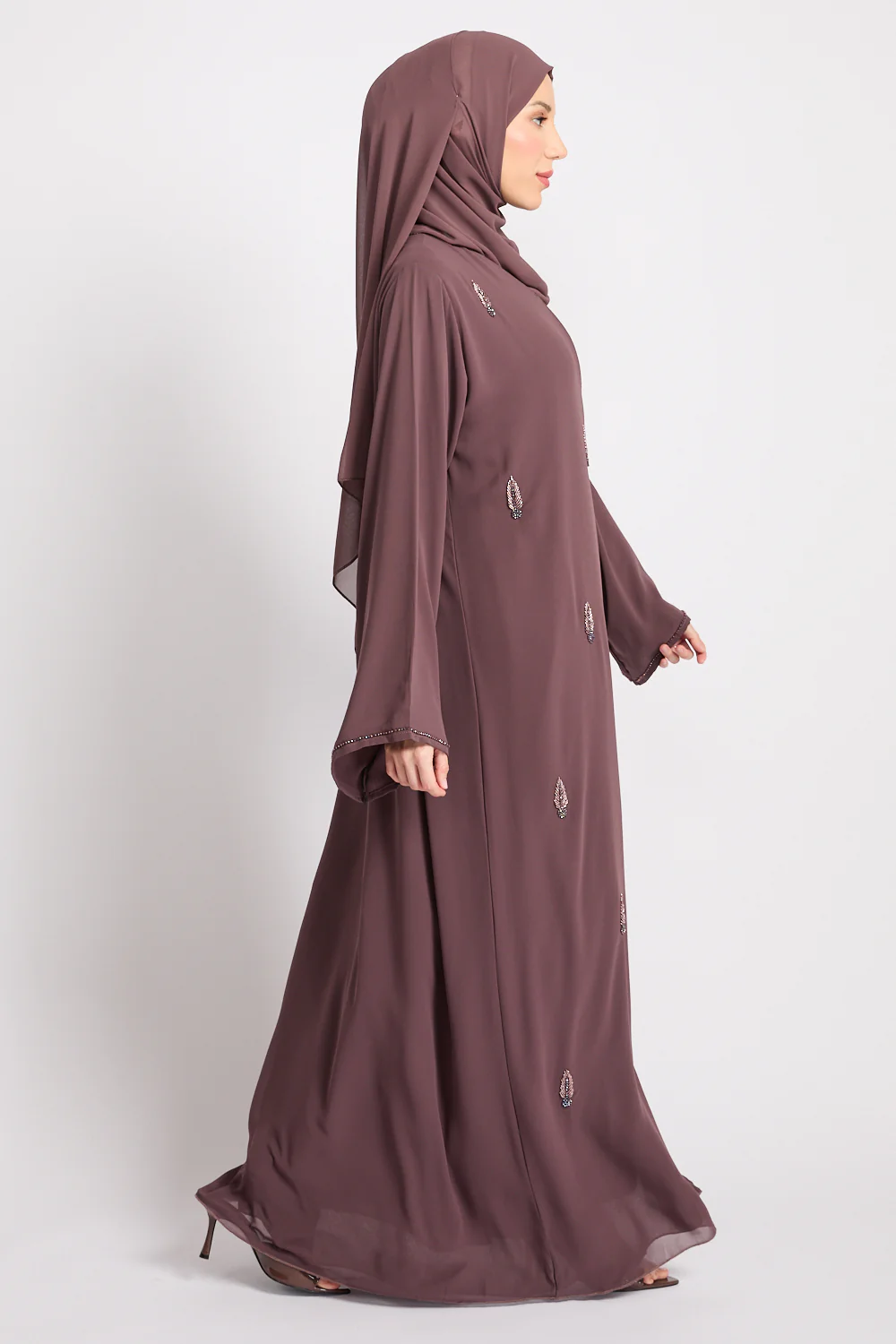 Premium Jewel Motif Embellished Chiffon Open Abaya - Mink Mauve - Image 6