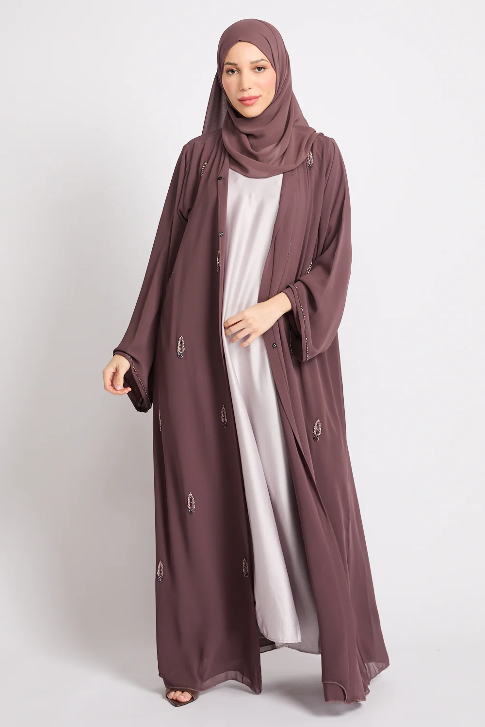 Premium Jewel Motif Embellished Chiffon Open Abaya - Mink Mauve - Image 7