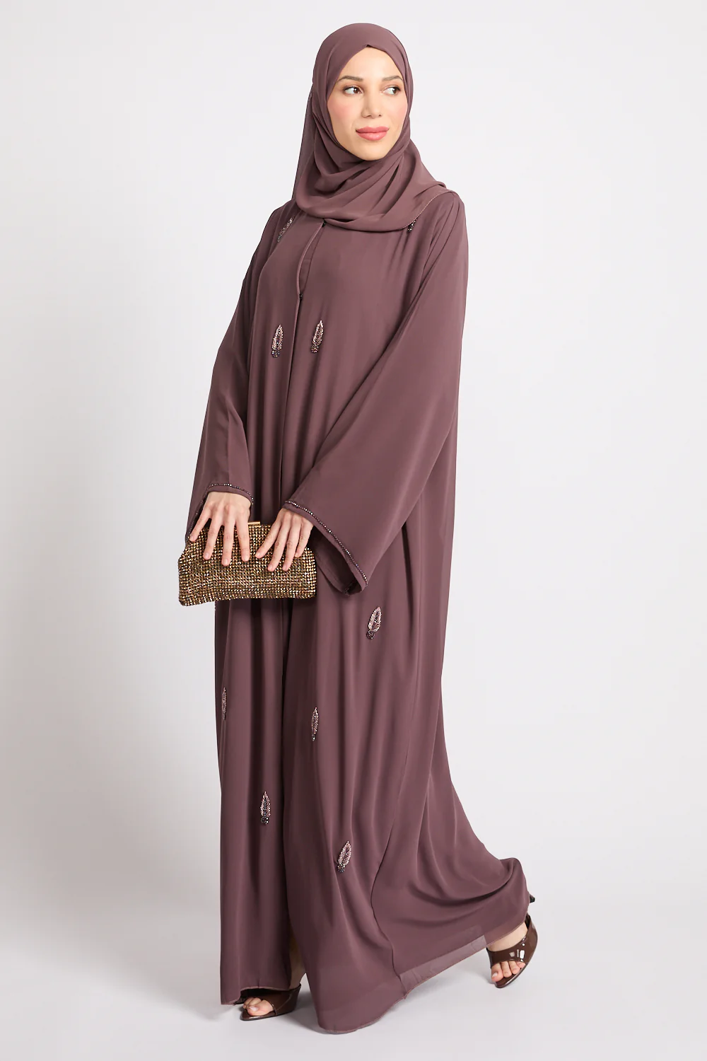 Premium Jewel Motif Embellished Chiffon Open Abaya - Mink Mauve - Image 8