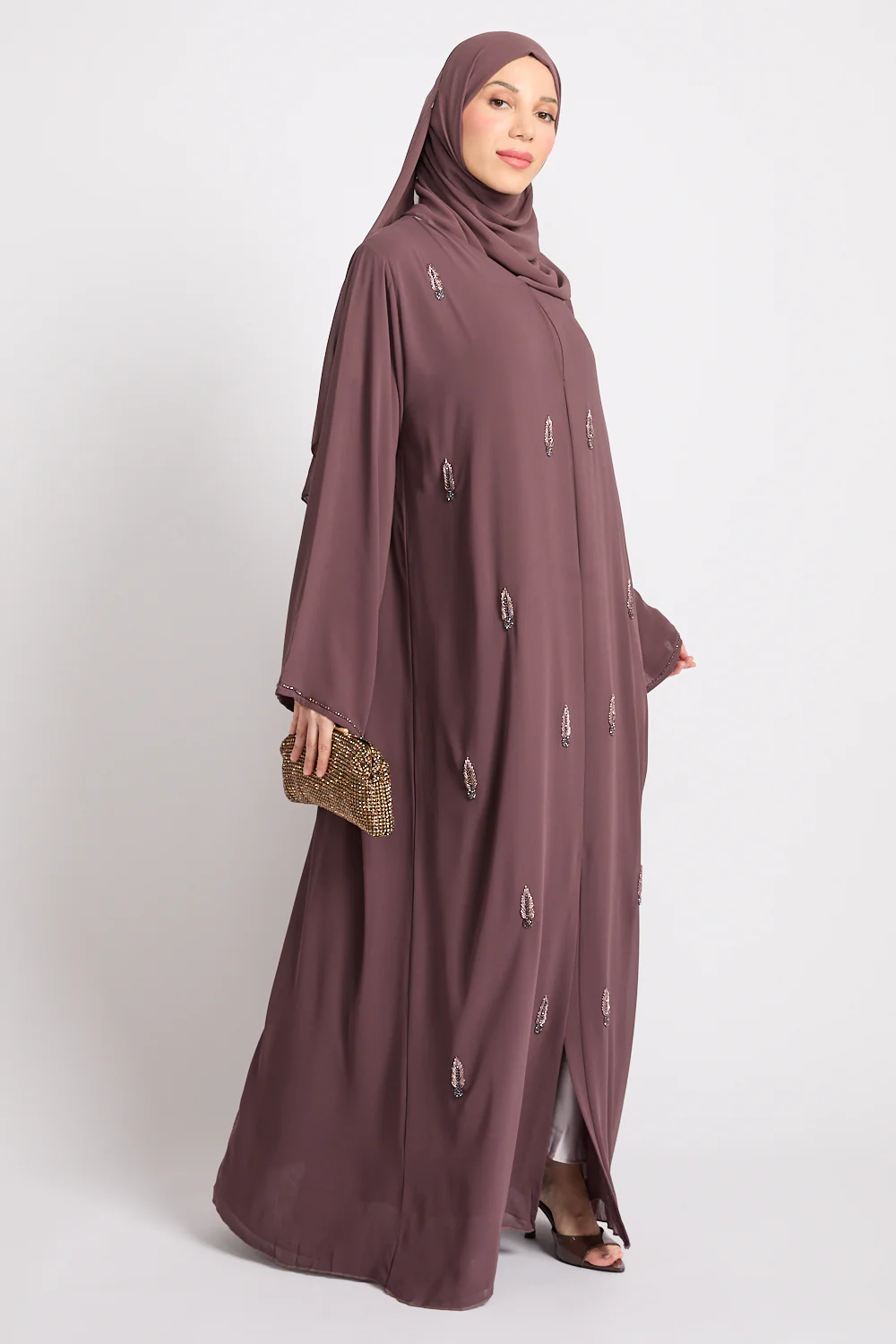 Premium Jewel Motif Embellished Chiffon Open Abaya - Mink Mauve - Image 9