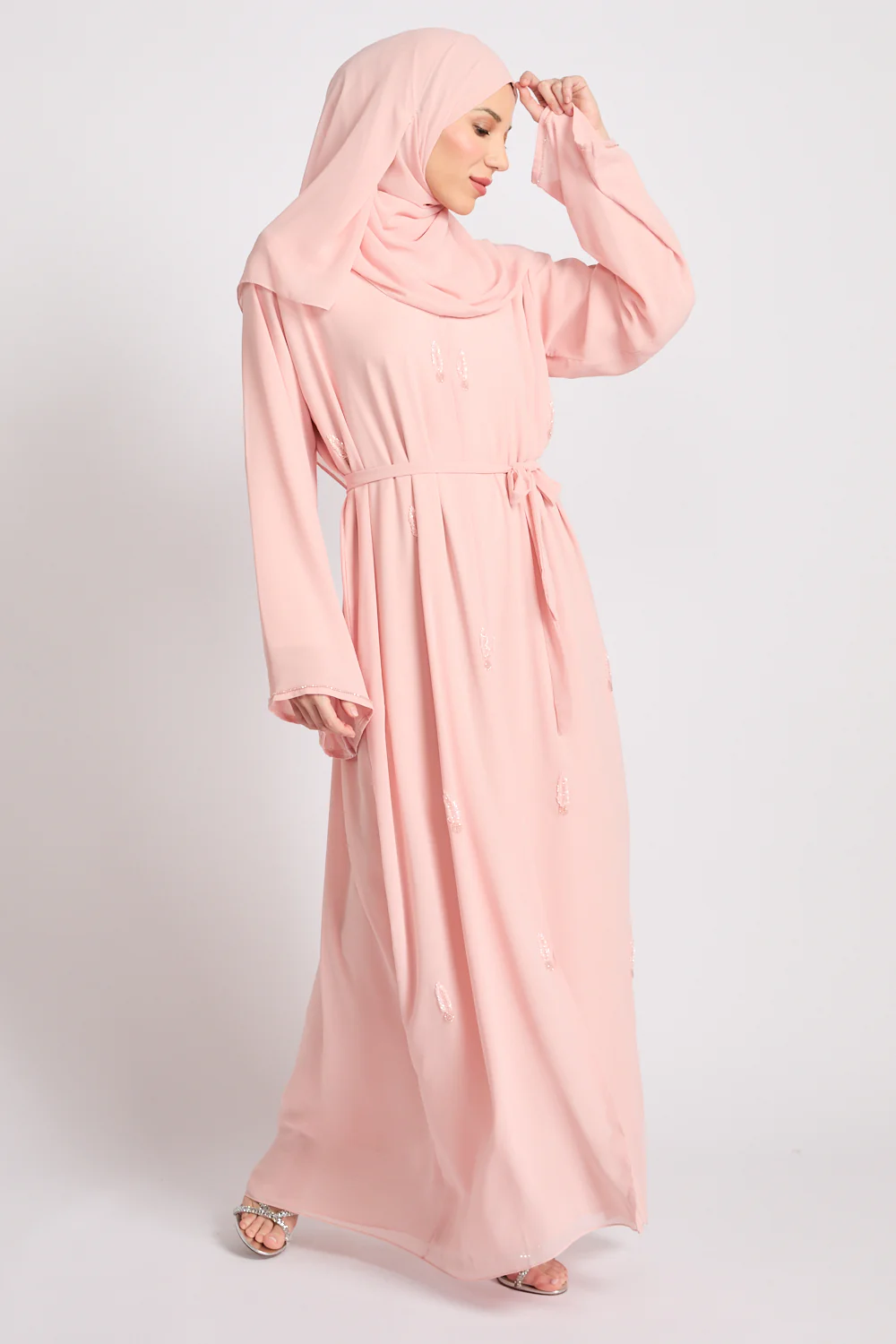 Premium Jewel Motif Embellished Chiffon Open Abaya - Rosewater