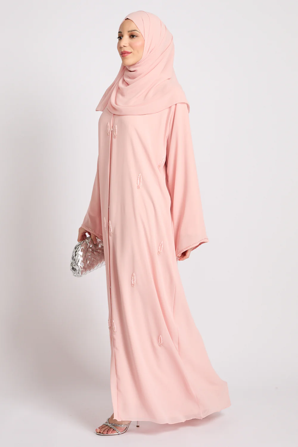 Premium Jewel Motif Embellished Chiffon Open Abaya - Rosewater - Image 3