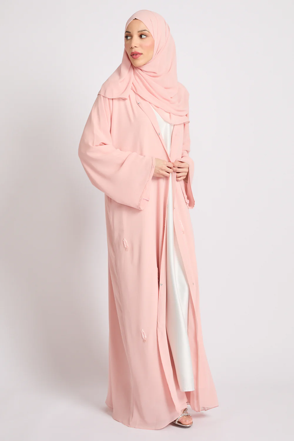 Premium Jewel Motif Embellished Chiffon Open Abaya - Rosewater - Image 5