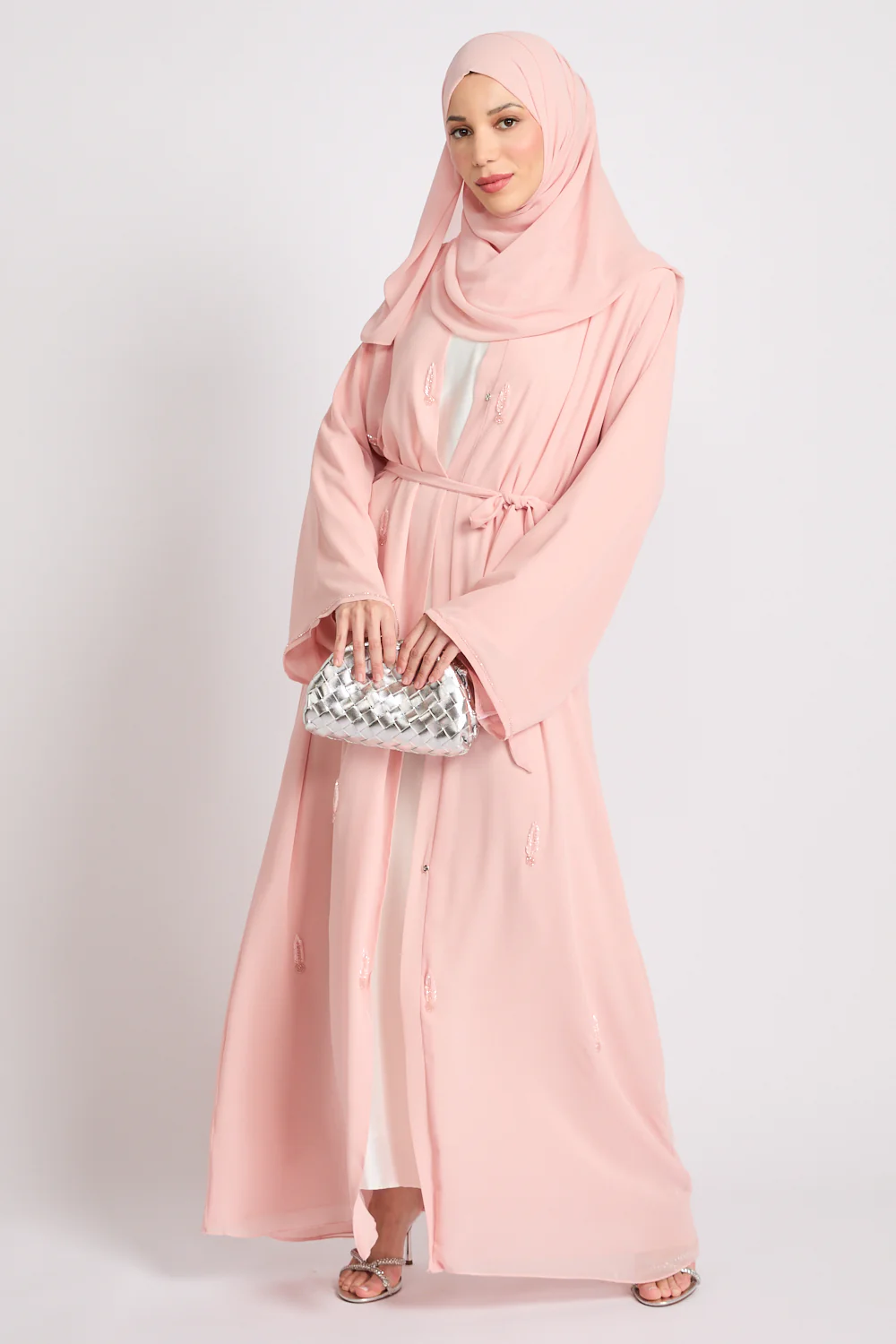 Premium Jewel Motif Embellished Chiffon Open Abaya - Rosewater - Image 6