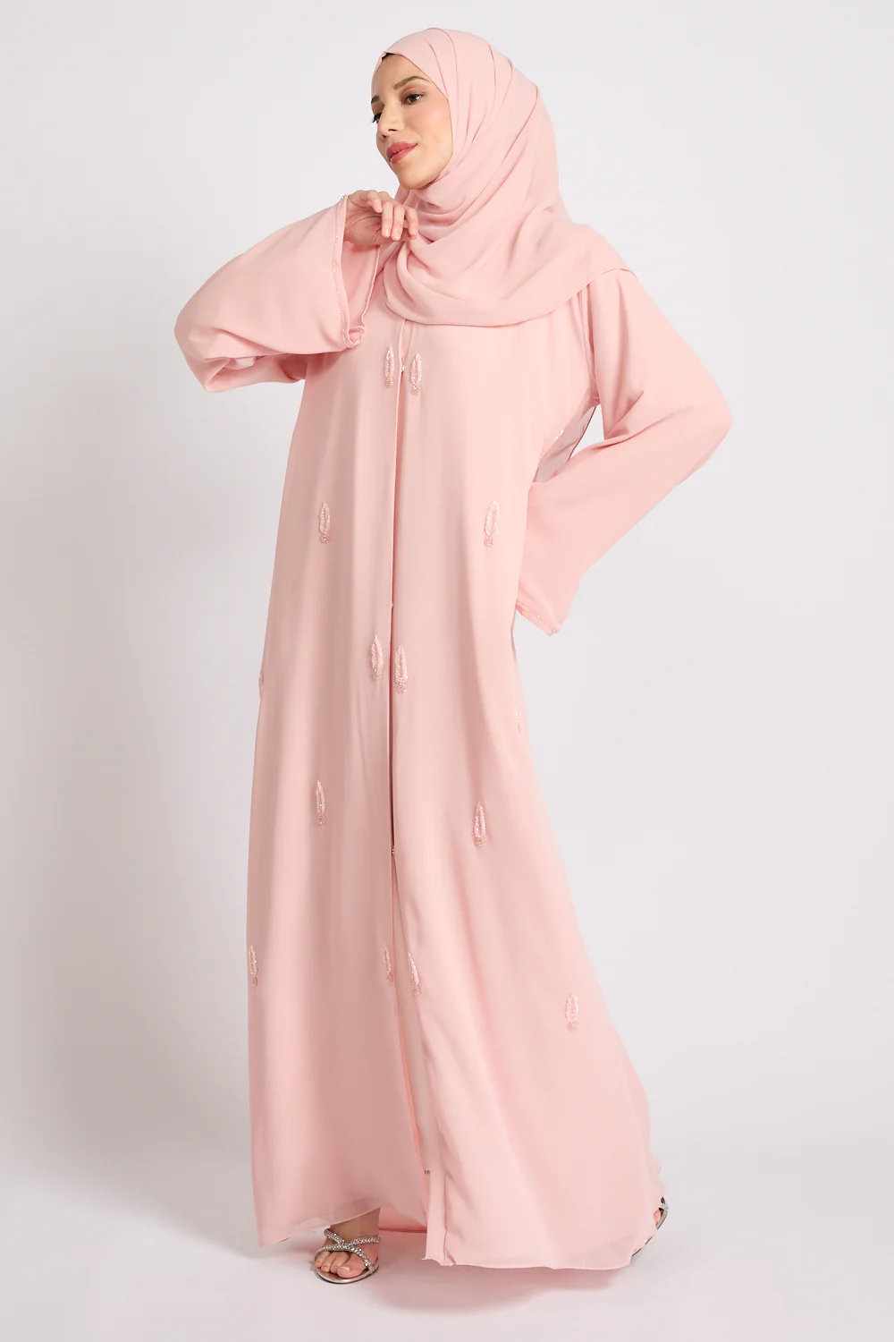Premium Jewel Motif Embellished Chiffon Open Abaya - Rosewater - Image 7