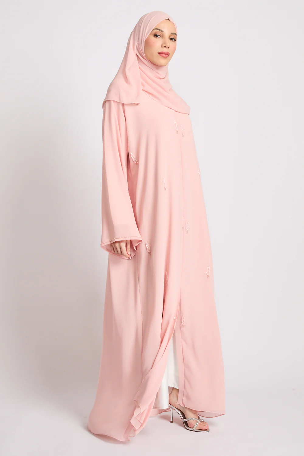 Premium Jewel Motif Embellished Chiffon Open Abaya - Rosewater - Image 9