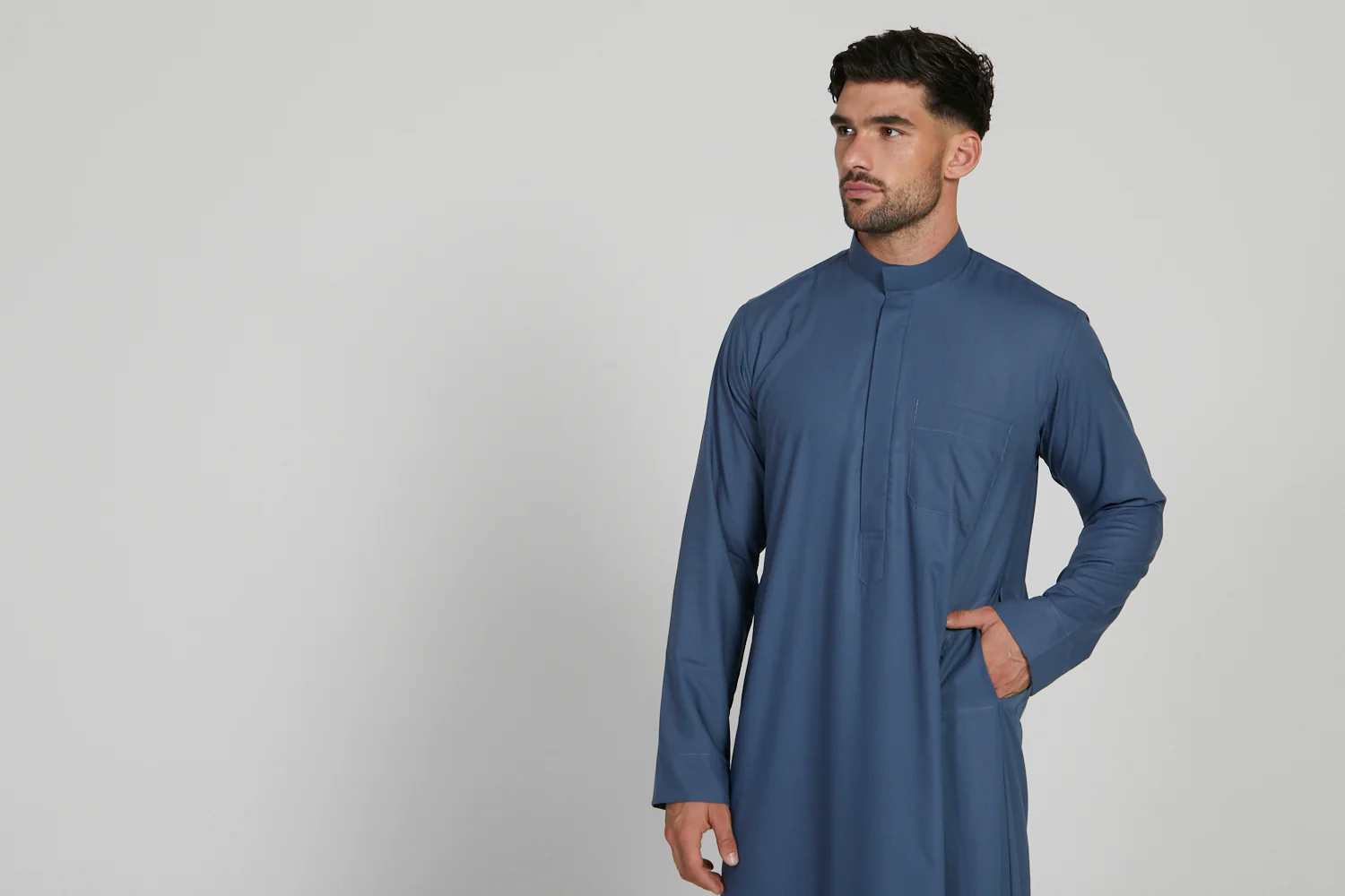 Premium Kuwaiti Thobe With Pocket - Blue Horizon - Image 9