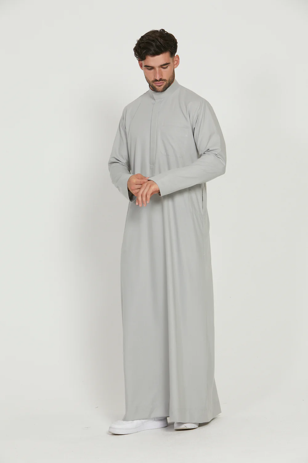 Premium Kuwaiti Thobe With Pocket - Mist Grey - Image 4