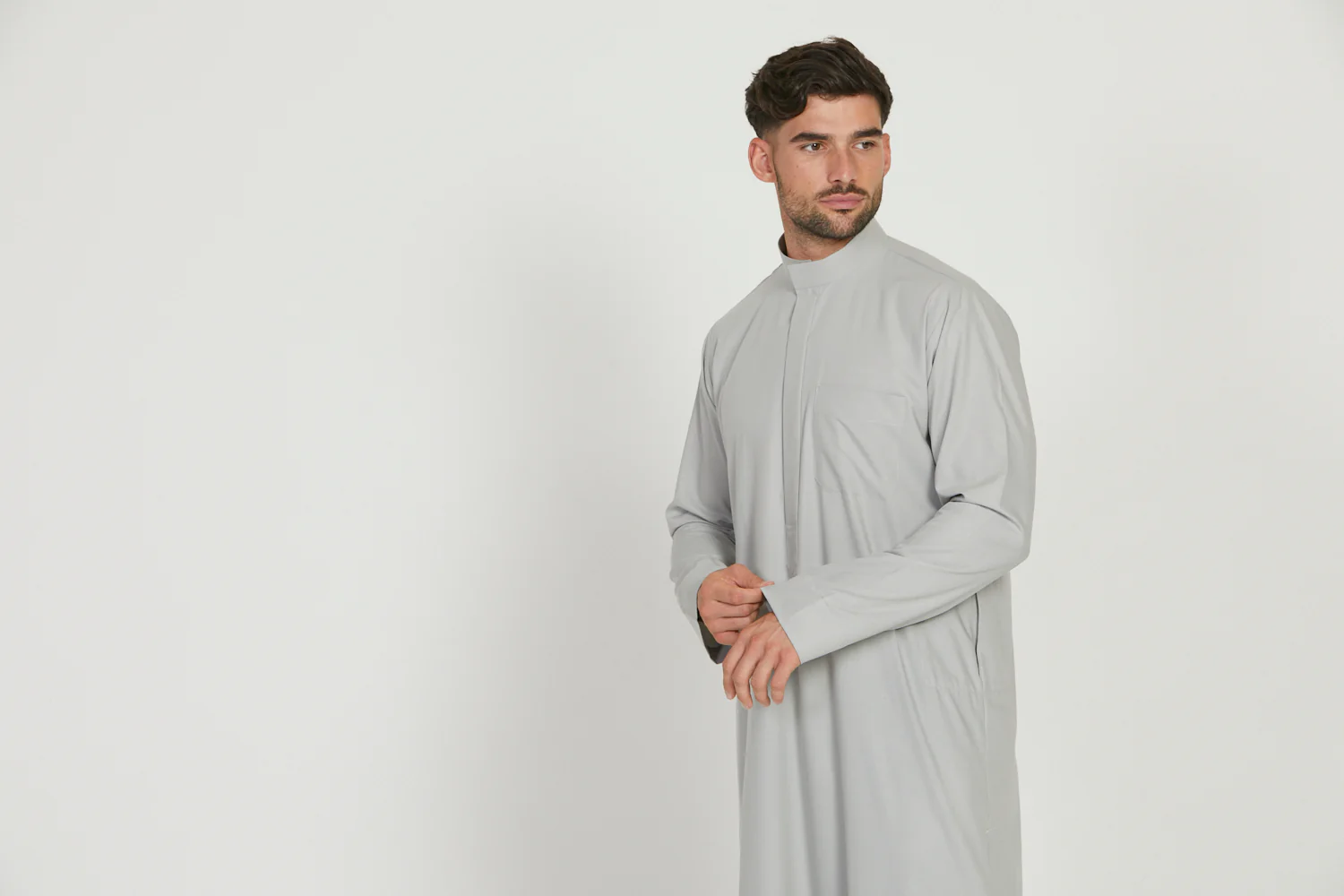 Premium Kuwaiti Thobe With Pocket - Mist Grey - Image 9