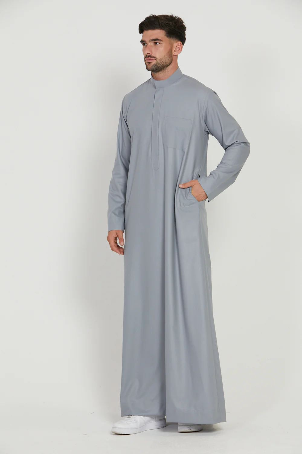 Premium Kuwaiti Thobe With Pocket - Quarry Pebble - Image 4