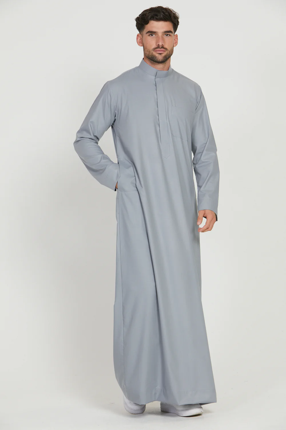 Premium Kuwaiti Thobe With Pocket - Quarry Pebble - Image 5