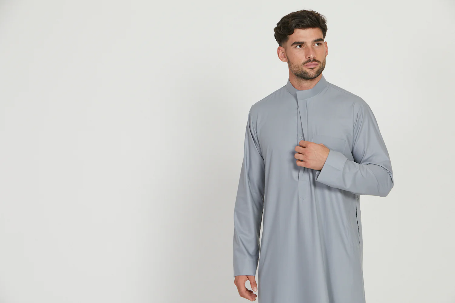 Premium Kuwaiti Thobe With Pocket - Quarry Pebble - Image 8