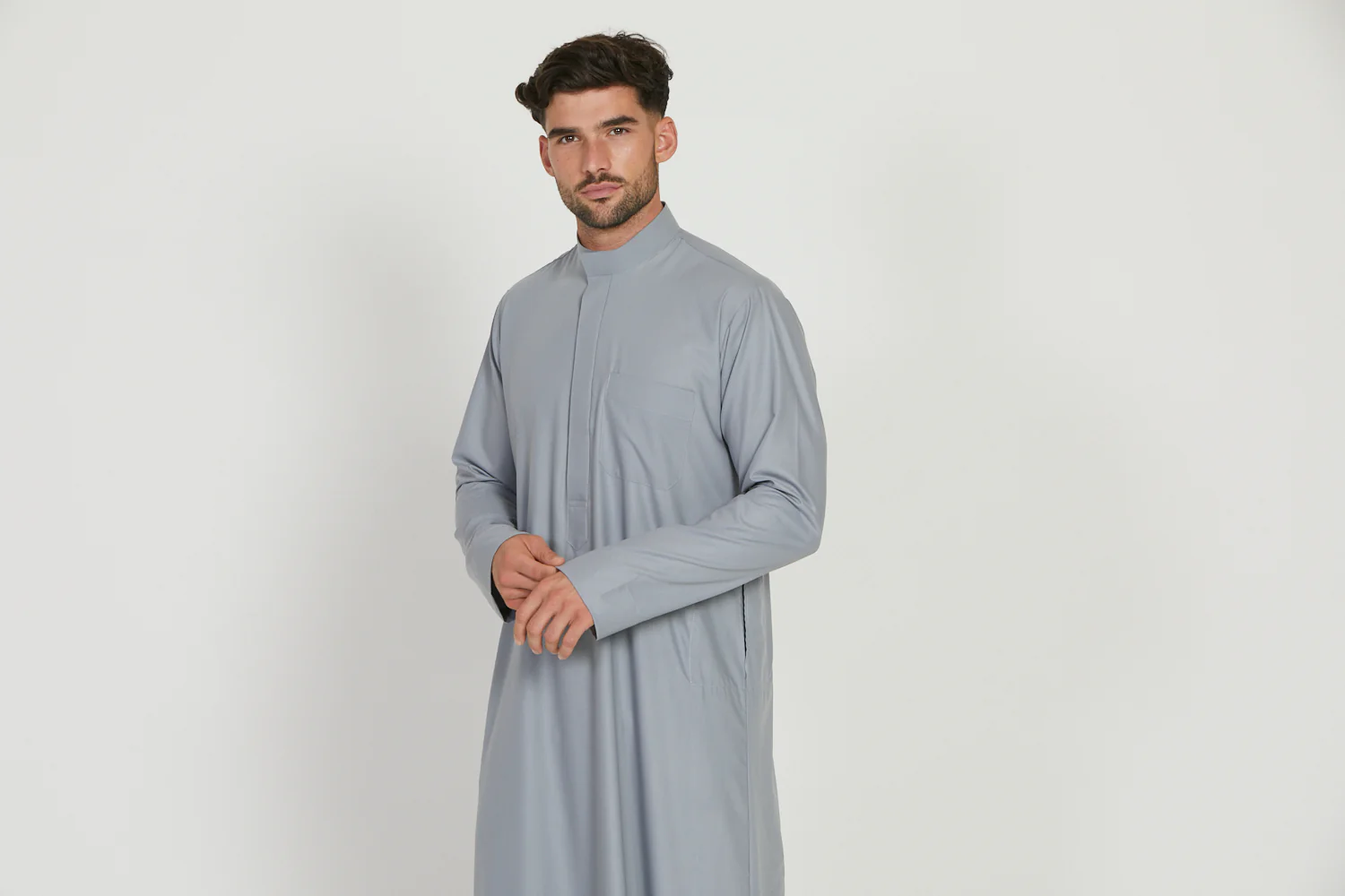 Premium Kuwaiti Thobe With Pocket - Quarry Pebble - Image 9