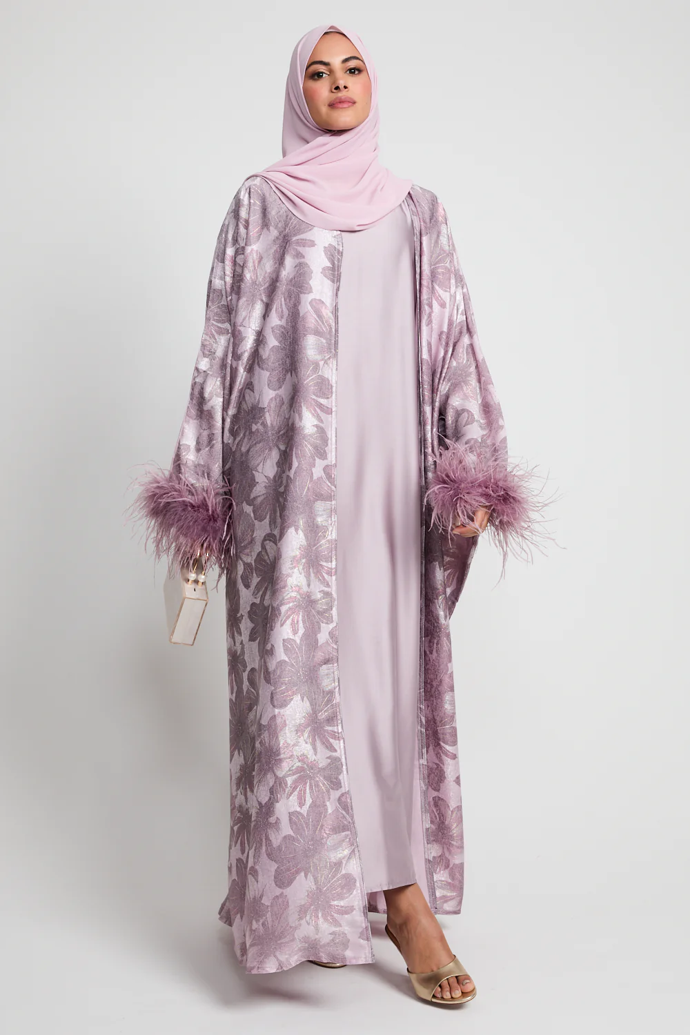 Luxury Lilac Pearl Floral Open Bisht with Feathers - Limited Edition