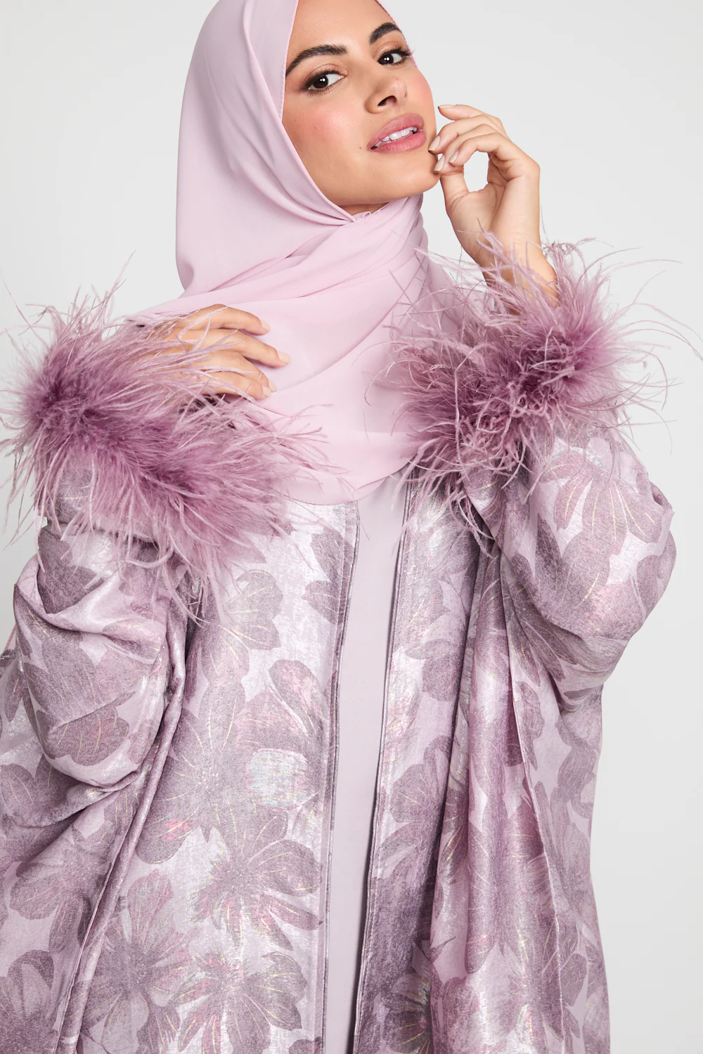 Luxury Lilac Pearl Floral Open Bisht with Feathers - Limited Edition - Image 2