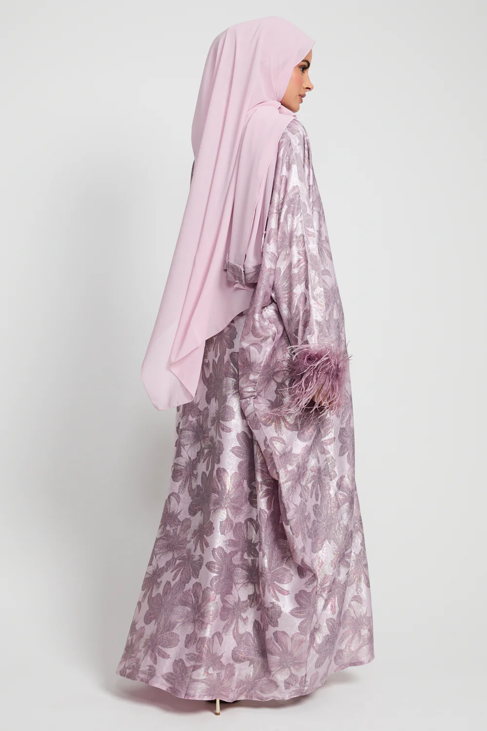Luxury Lilac Pearl Floral Open Bisht with Feathers - Limited Edition - Image 3