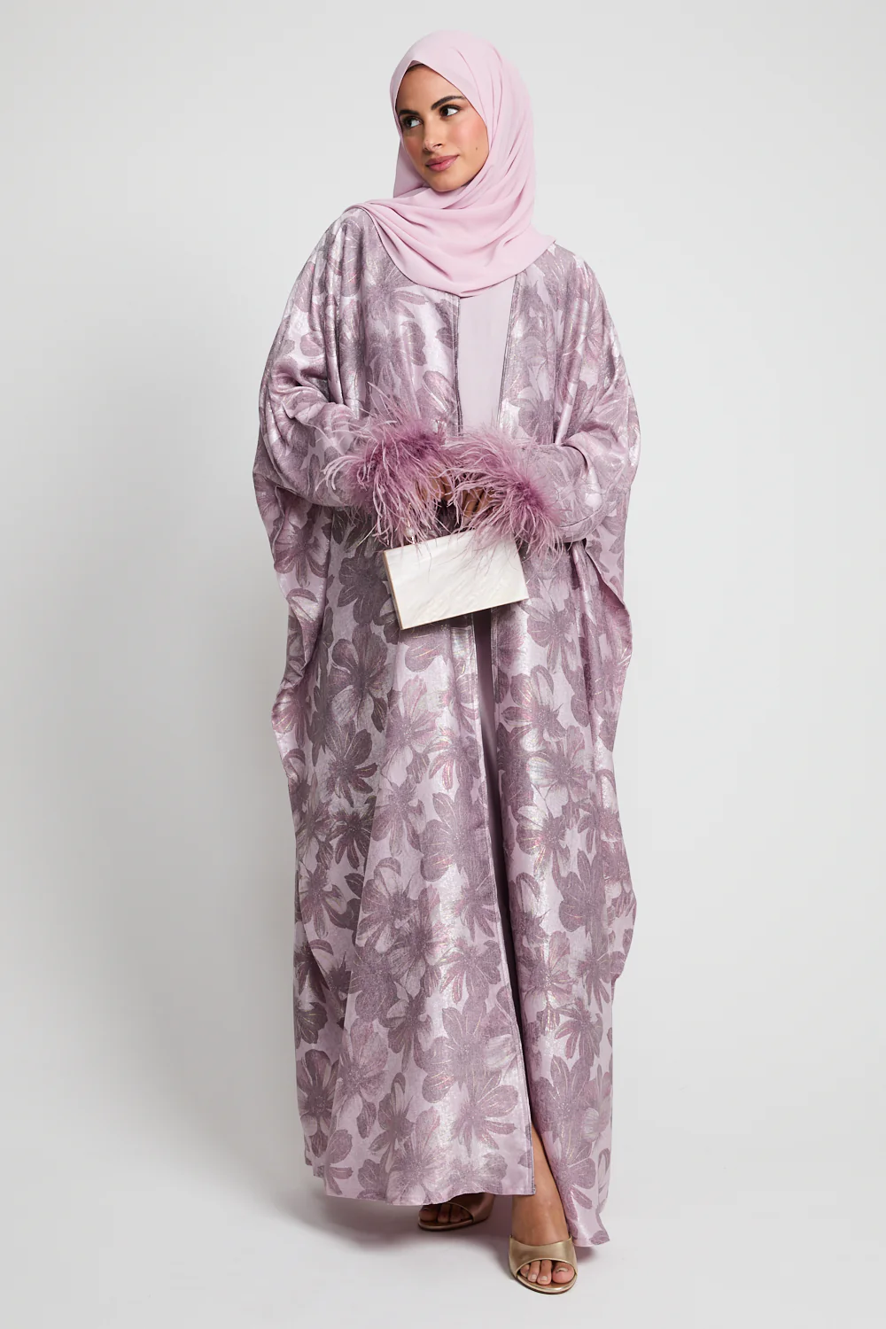 Luxury Lilac Pearl Floral Open Bisht with Feathers - Limited Edition - Image 4