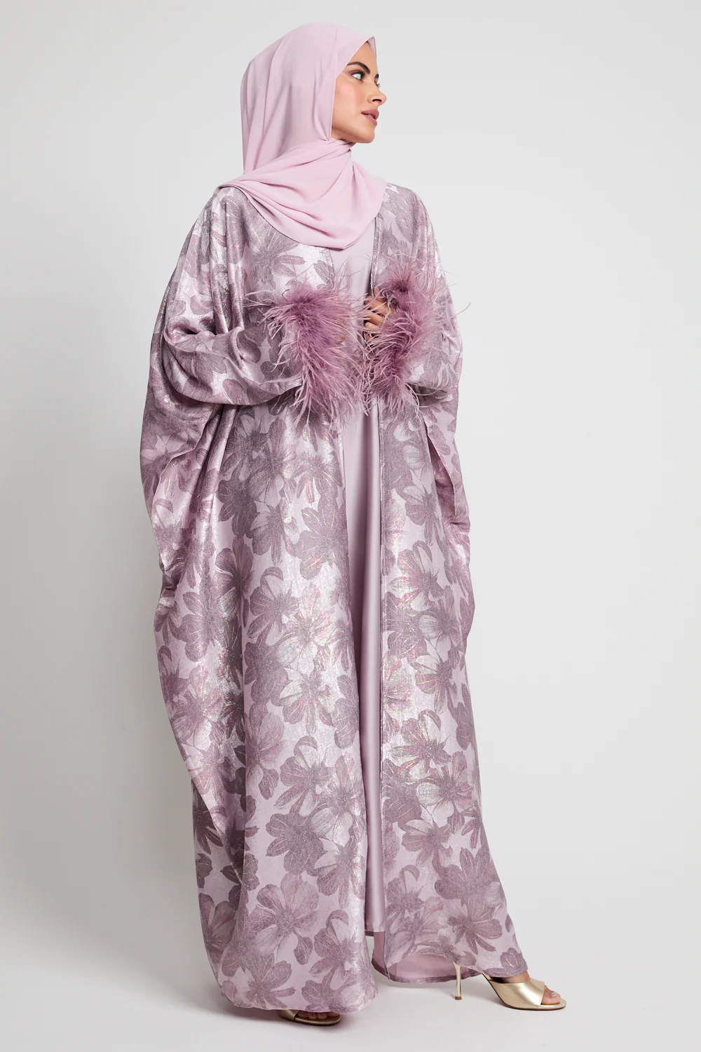 Luxury Lilac Pearl Floral Open Bisht with Feathers - Limited Edition - Image 5