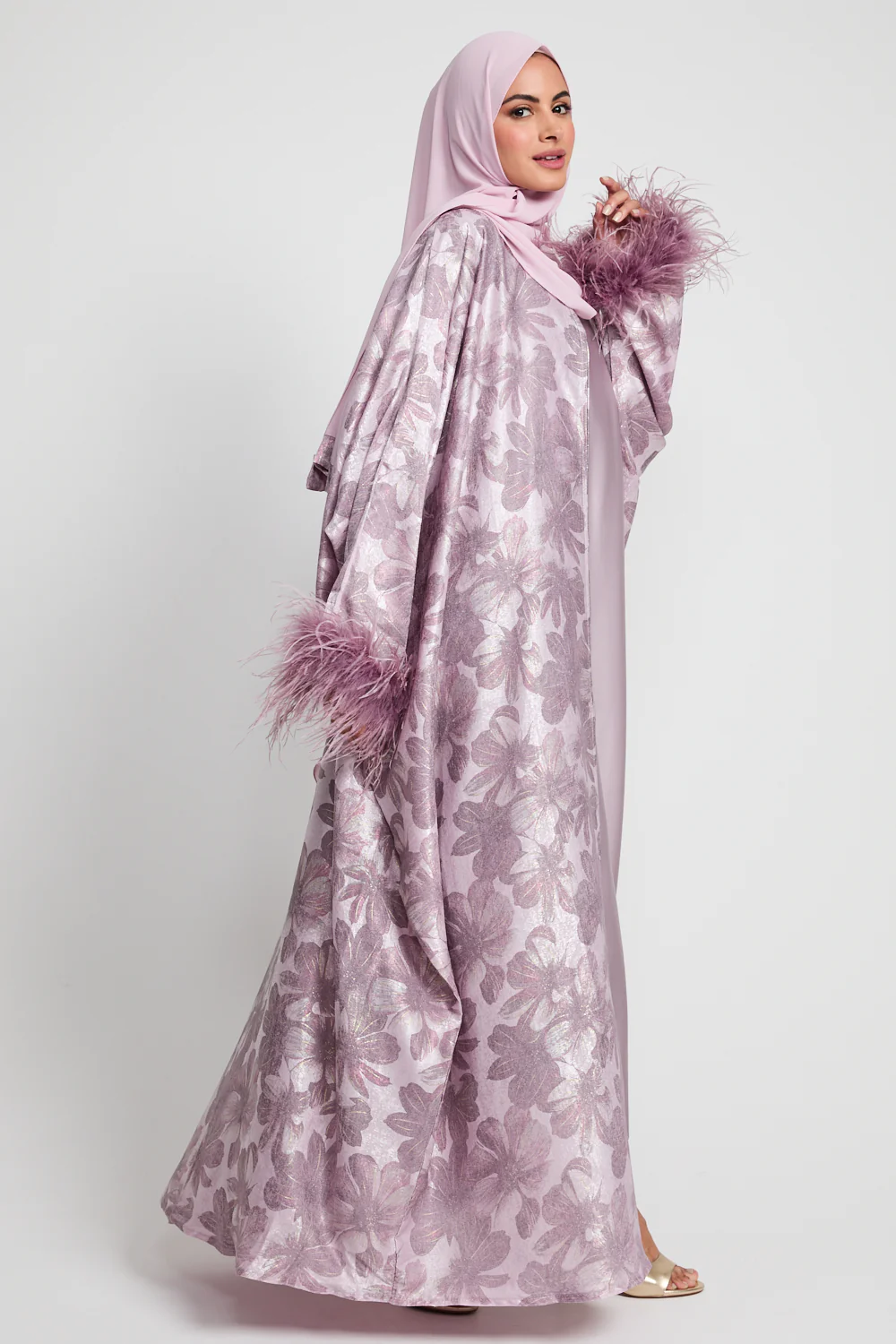 Luxury Lilac Pearl Floral Open Bisht with Feathers - Limited Edition - Image 6