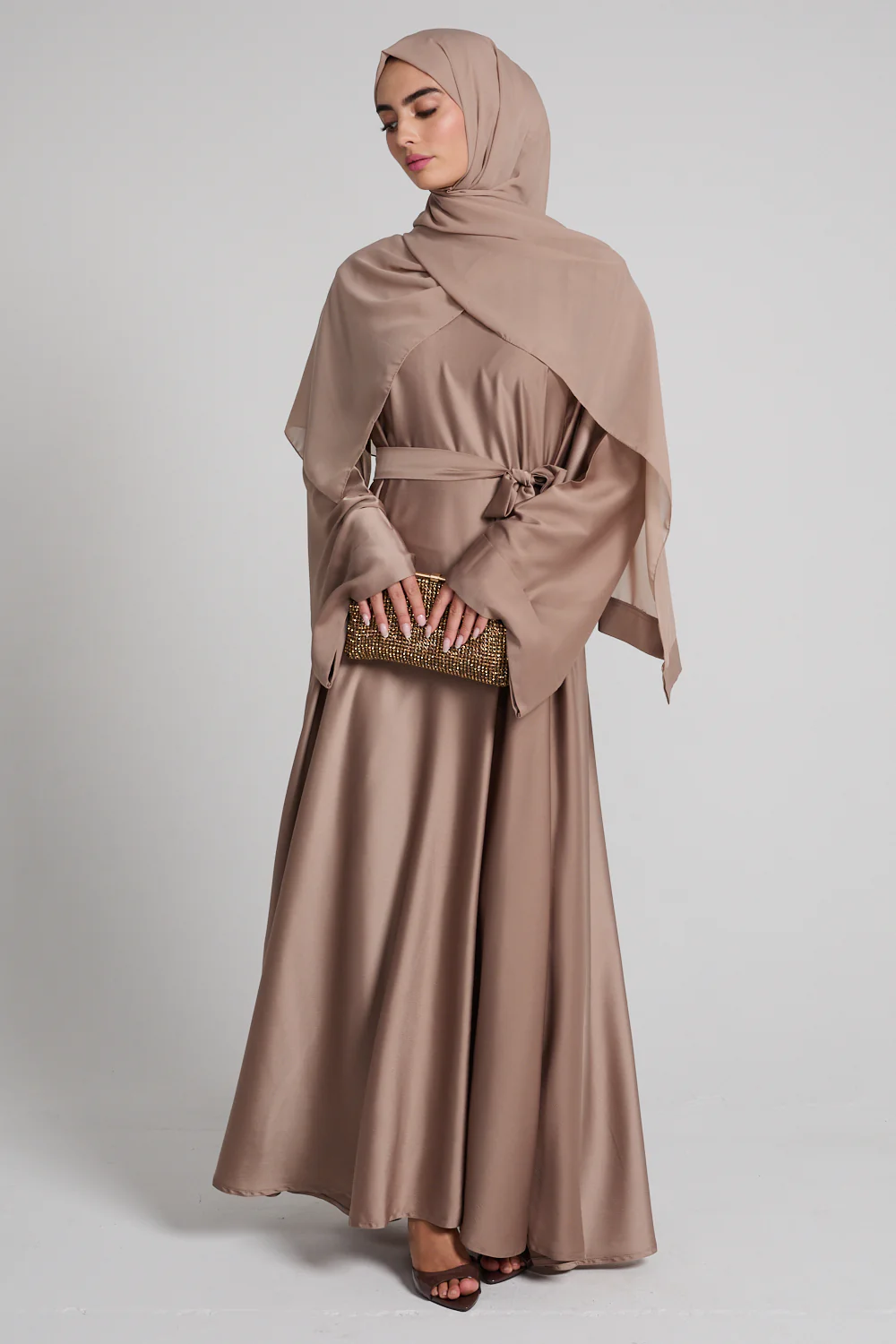 Premium Luxe Umbrella Cut Closed Abaya - Desert Taupe - Image 3
