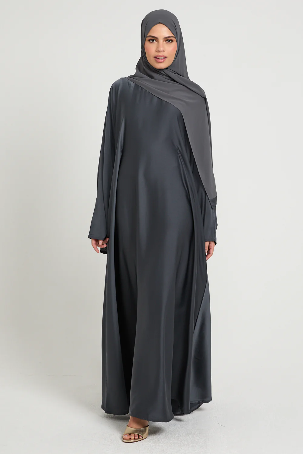 Premium Luxe Umbrella Cut Closed Abaya with Inner Belt - Eclipse Smoke - Image 3