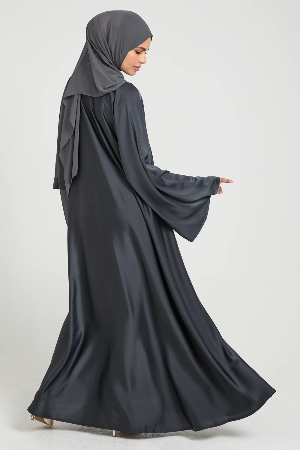 Premium Luxe Umbrella Cut Closed Abaya with Inner Belt - Eclipse Smoke - Image 4