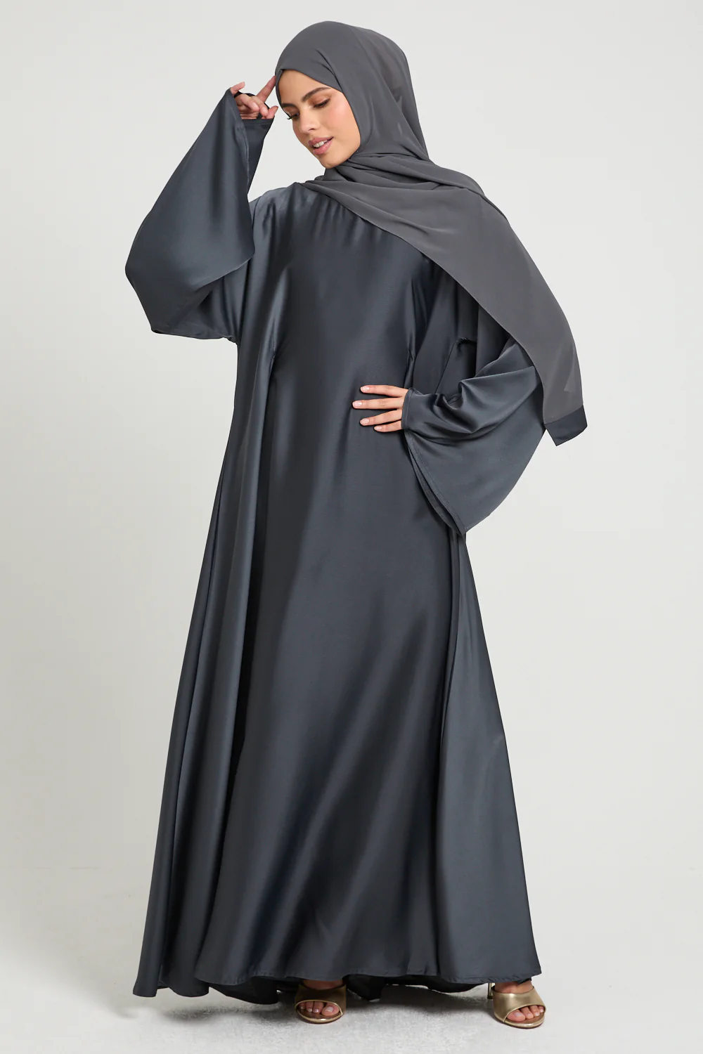 Premium Luxe Umbrella Cut Closed Abaya with Inner Belt - Eclipse Smoke - Image 5