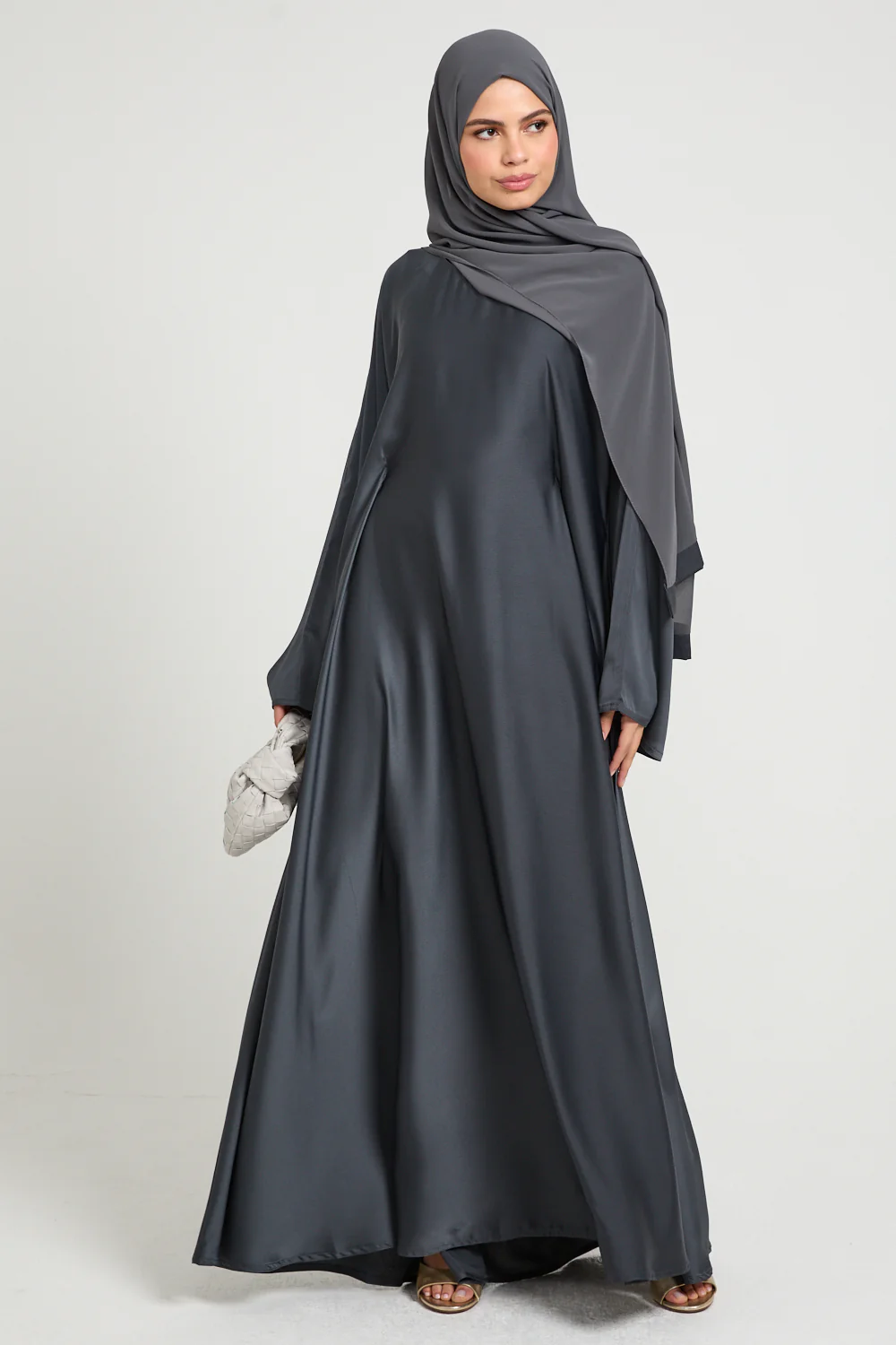 Premium Luxe Umbrella Cut Closed Abaya with Inner Belt - Eclipse Smoke - Image 6