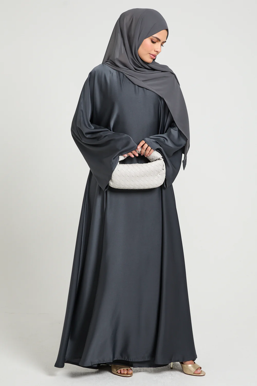 Premium Luxe Umbrella Cut Closed Abaya with Inner Belt - Eclipse Smoke - Image 7