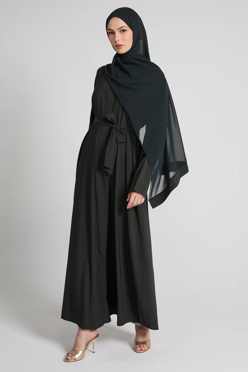 Premium Marble Crush Textured Open Abaya – Shadow Olive - Image 8