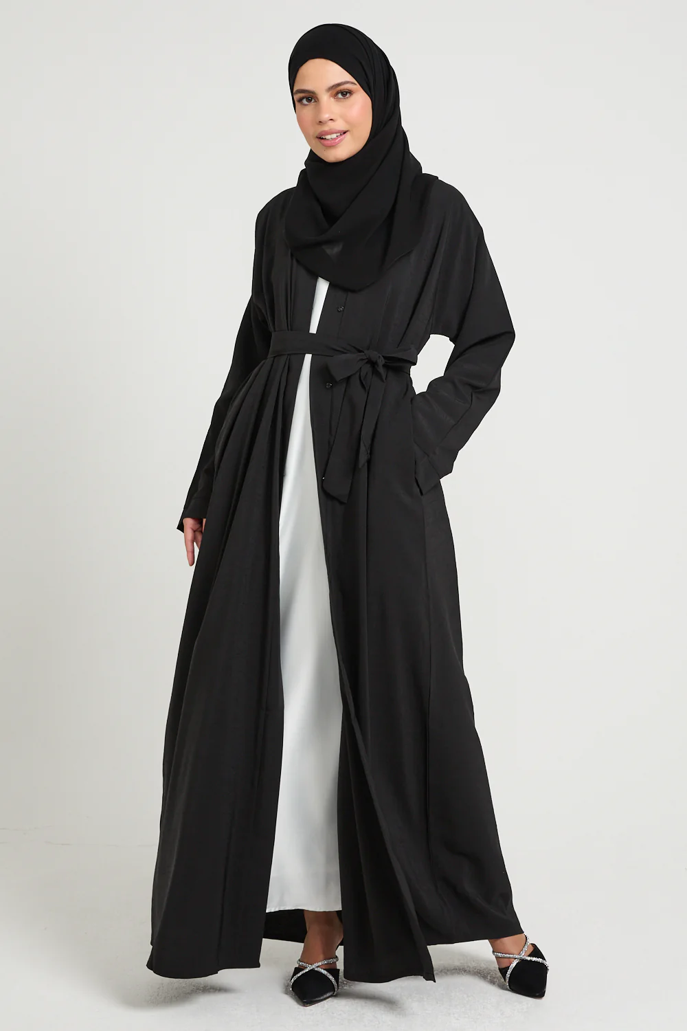 Premium Marble Crush Textured Open Abaya With Pockets – Black