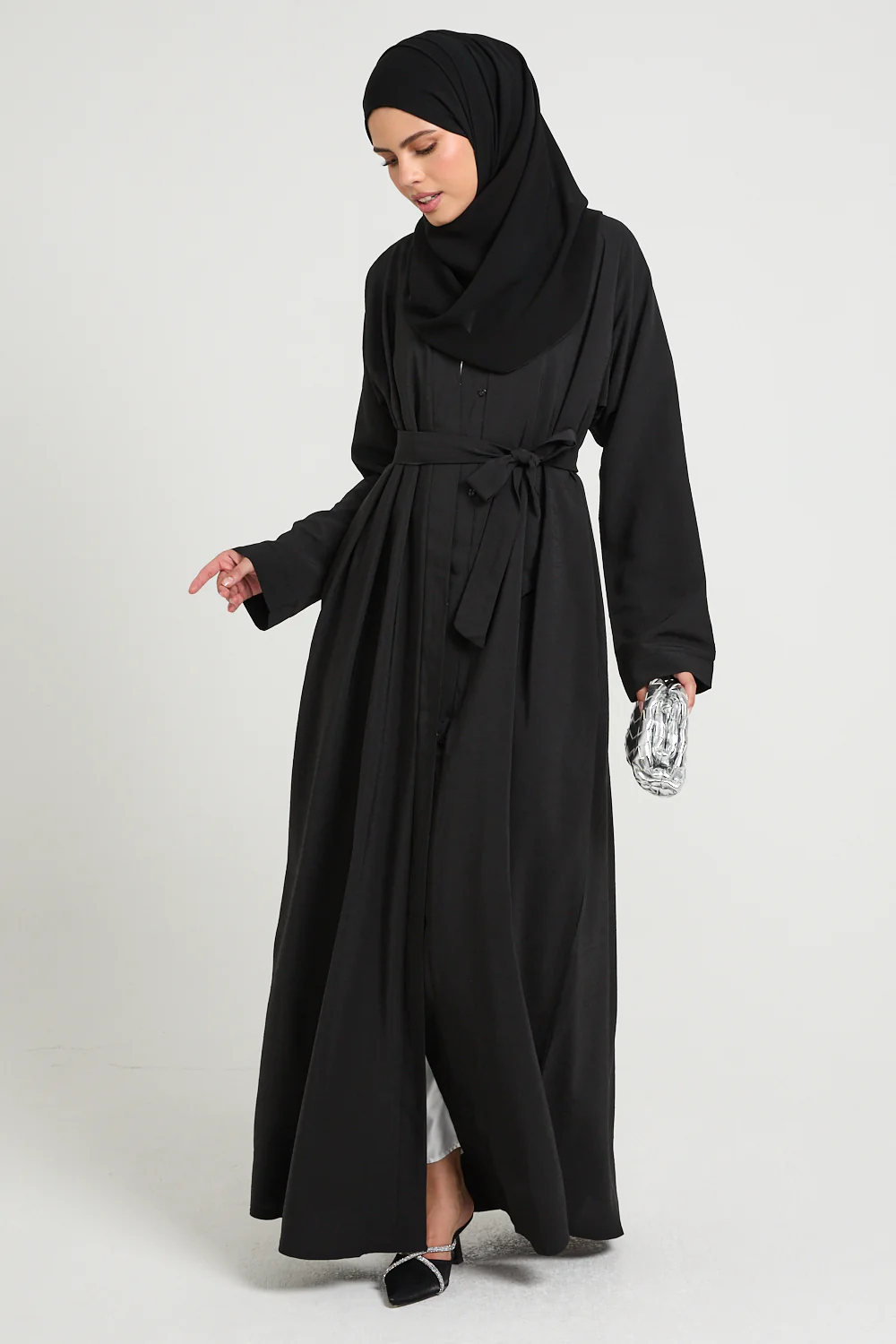 Premium Marble Crush Textured Open Abaya With Pockets – Black - Image 10