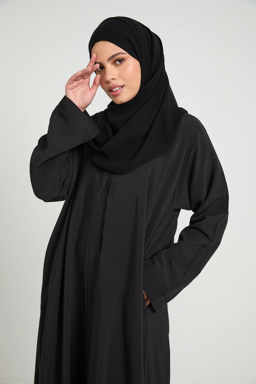 Premium Marble Crush Textured Open Abaya With Pockets – Black - Image 2