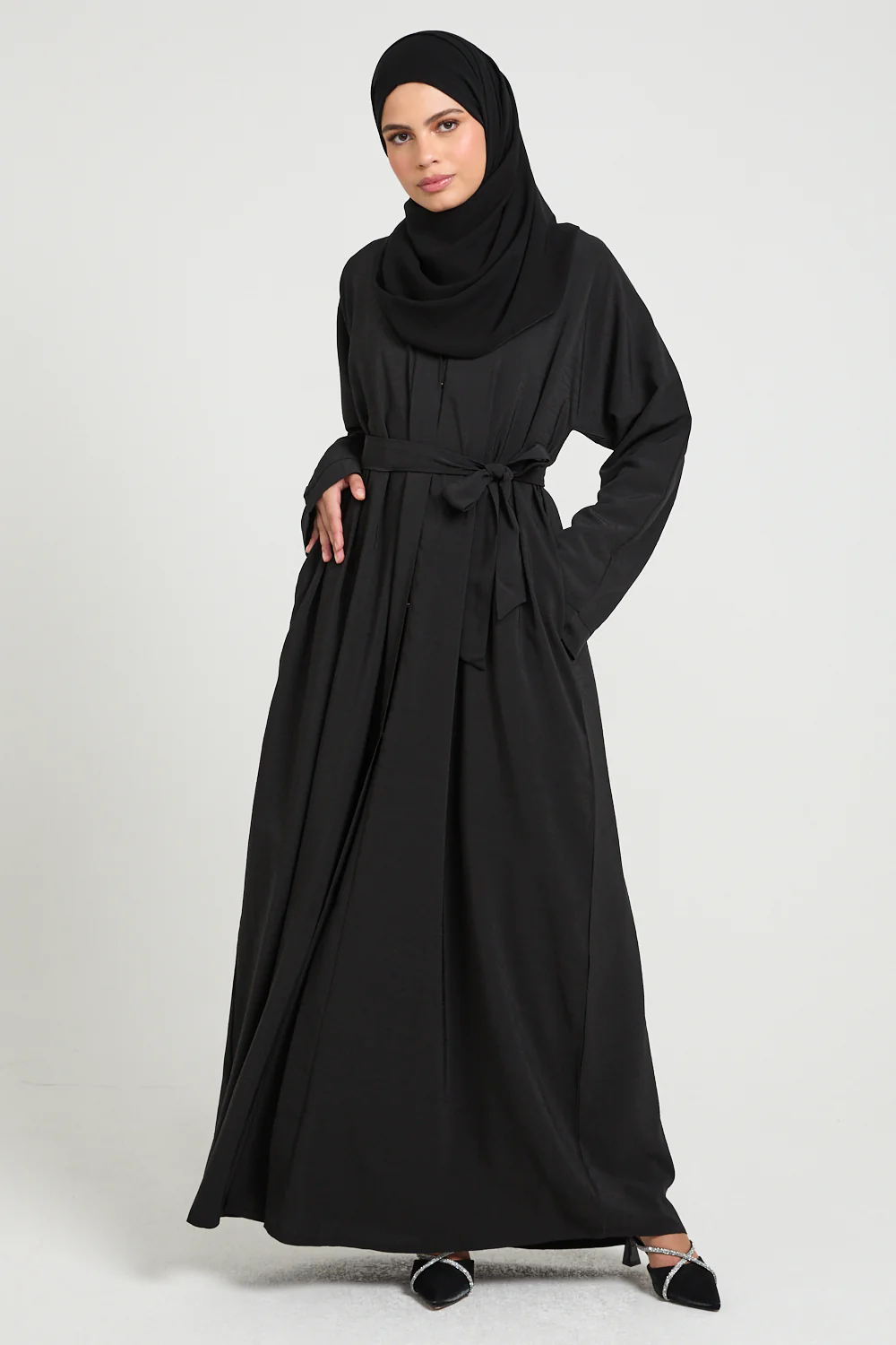 Premium Marble Crush Textured Open Abaya With Pockets – Black - Image 6