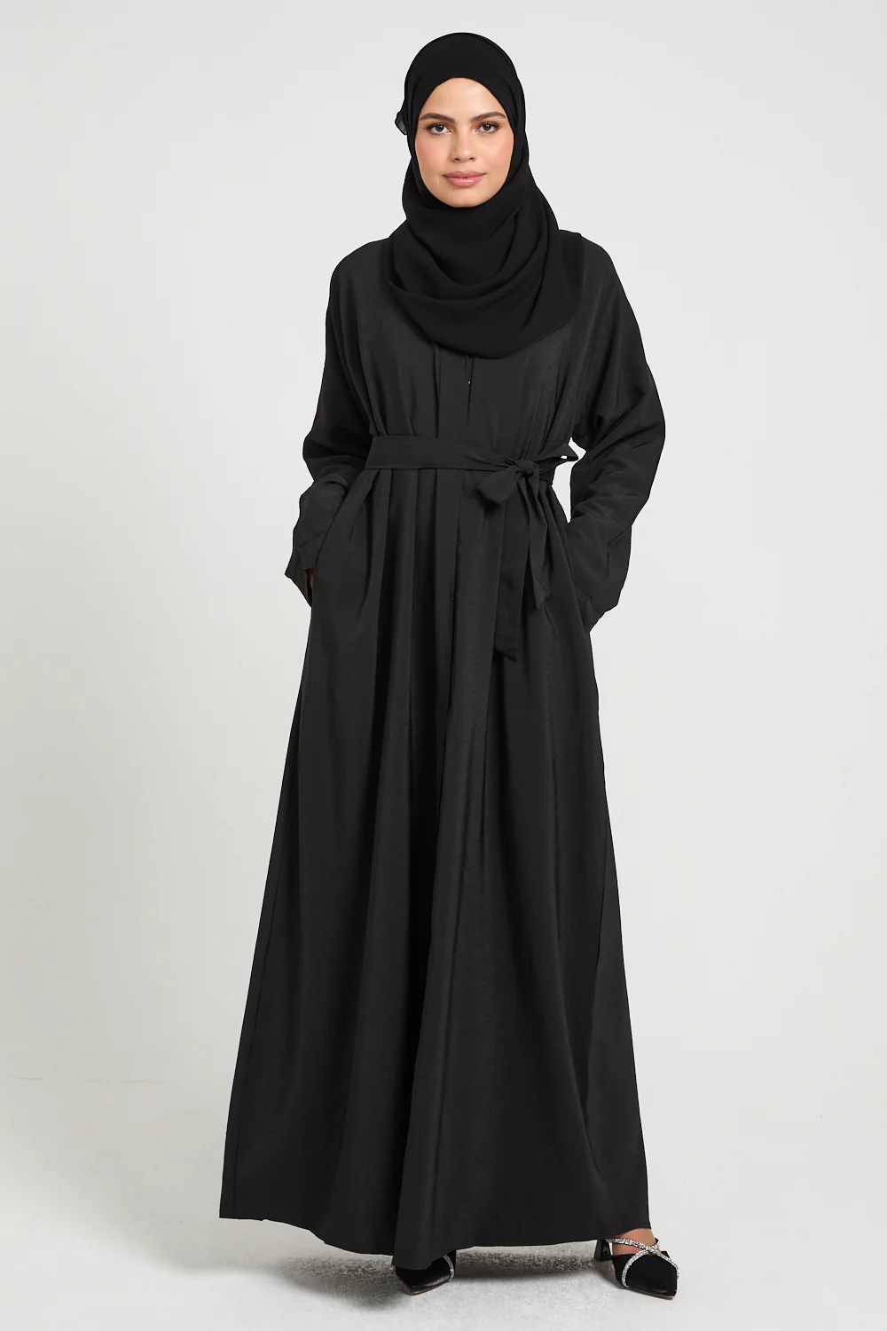 Premium Marble Crush Textured Open Abaya With Pockets – Black - Image 7