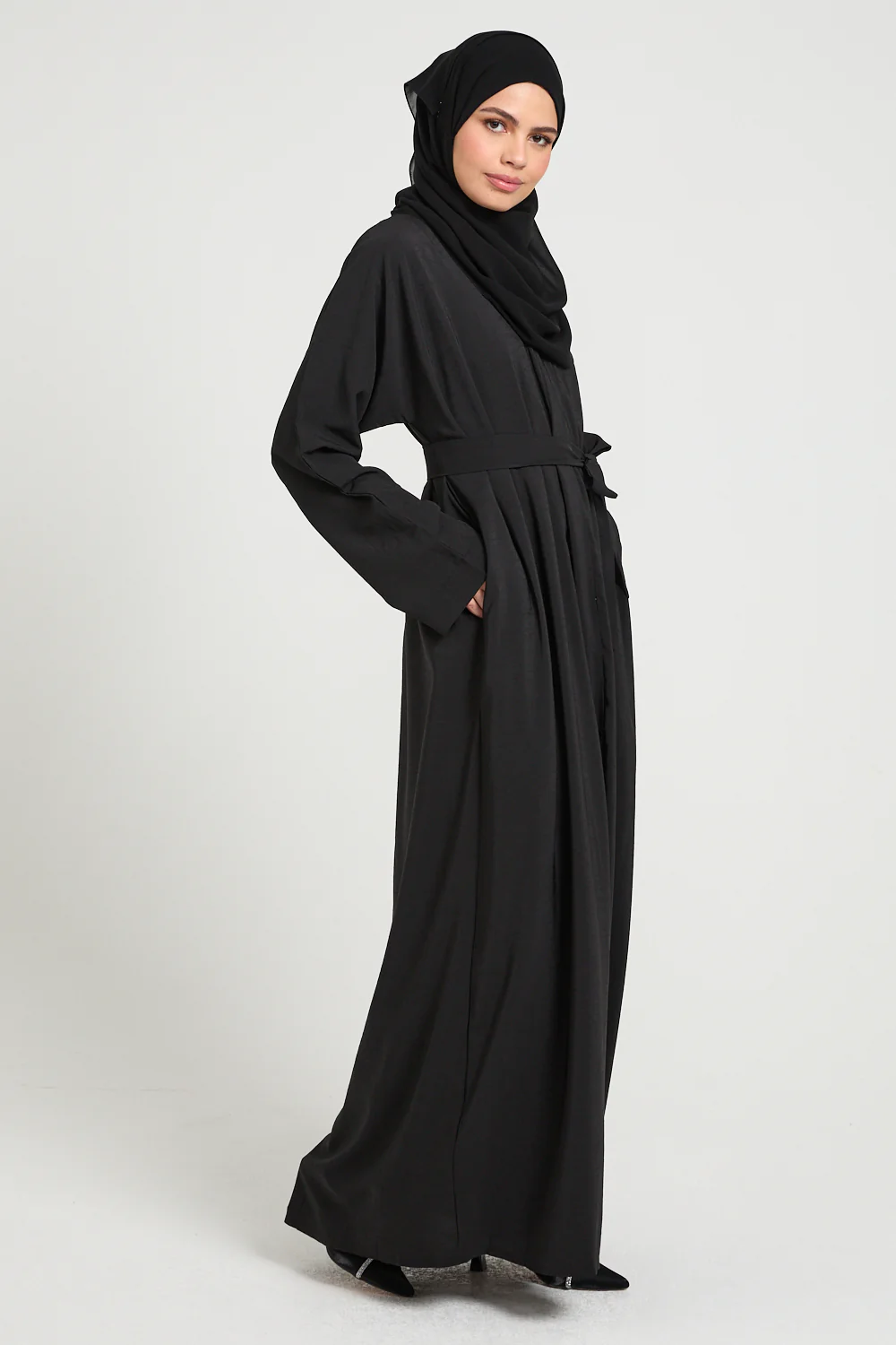 Premium Marble Crush Textured Open Abaya With Pockets – Black - Image 9