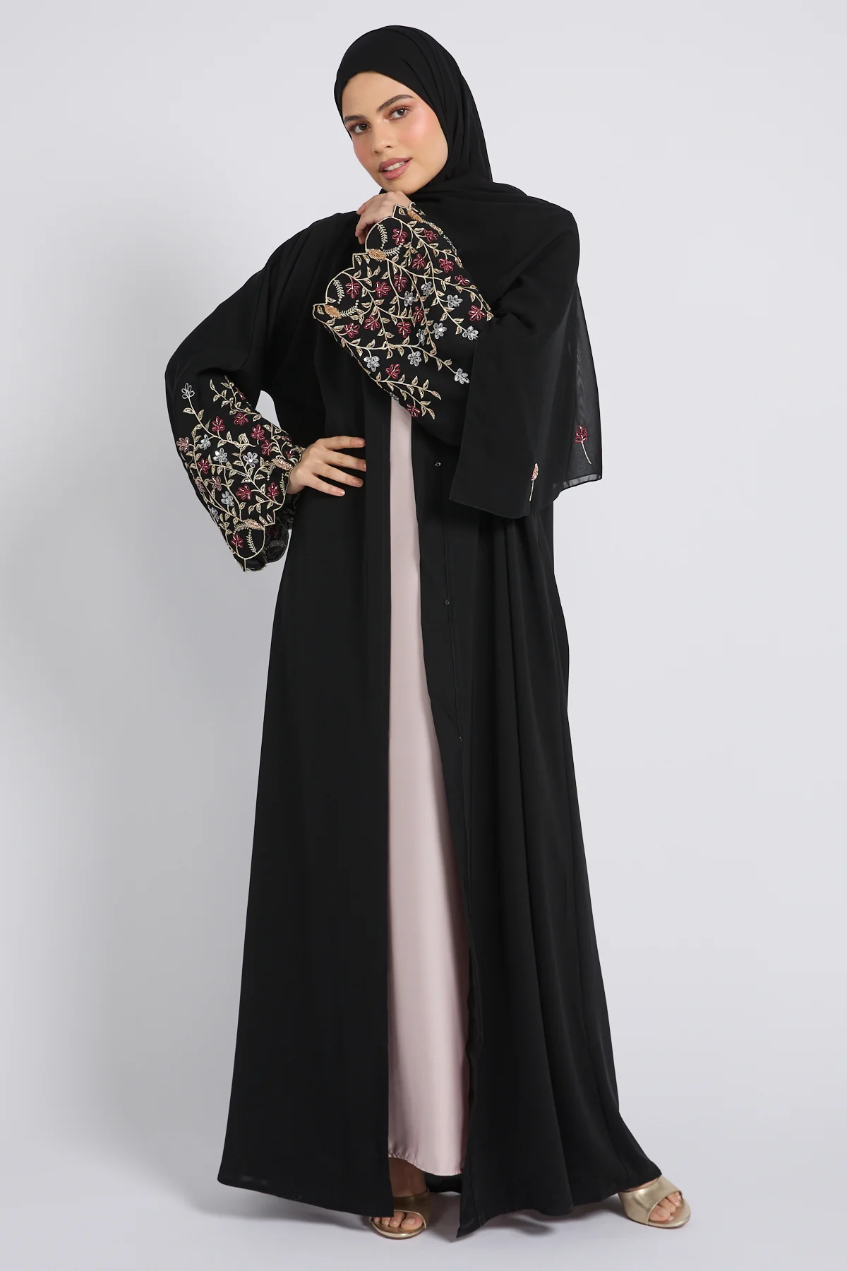 Premium Midnight Black Bloom Open Embroidered Abaya