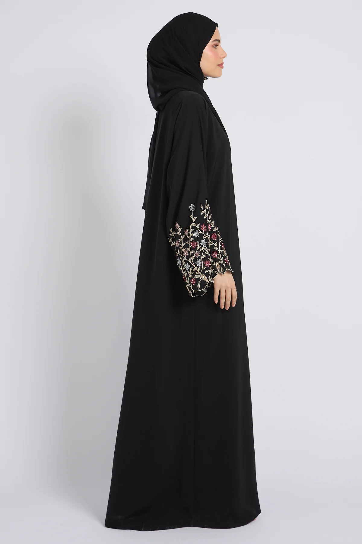Premium Midnight Black Bloom Open Embroidered Abaya - Image 3