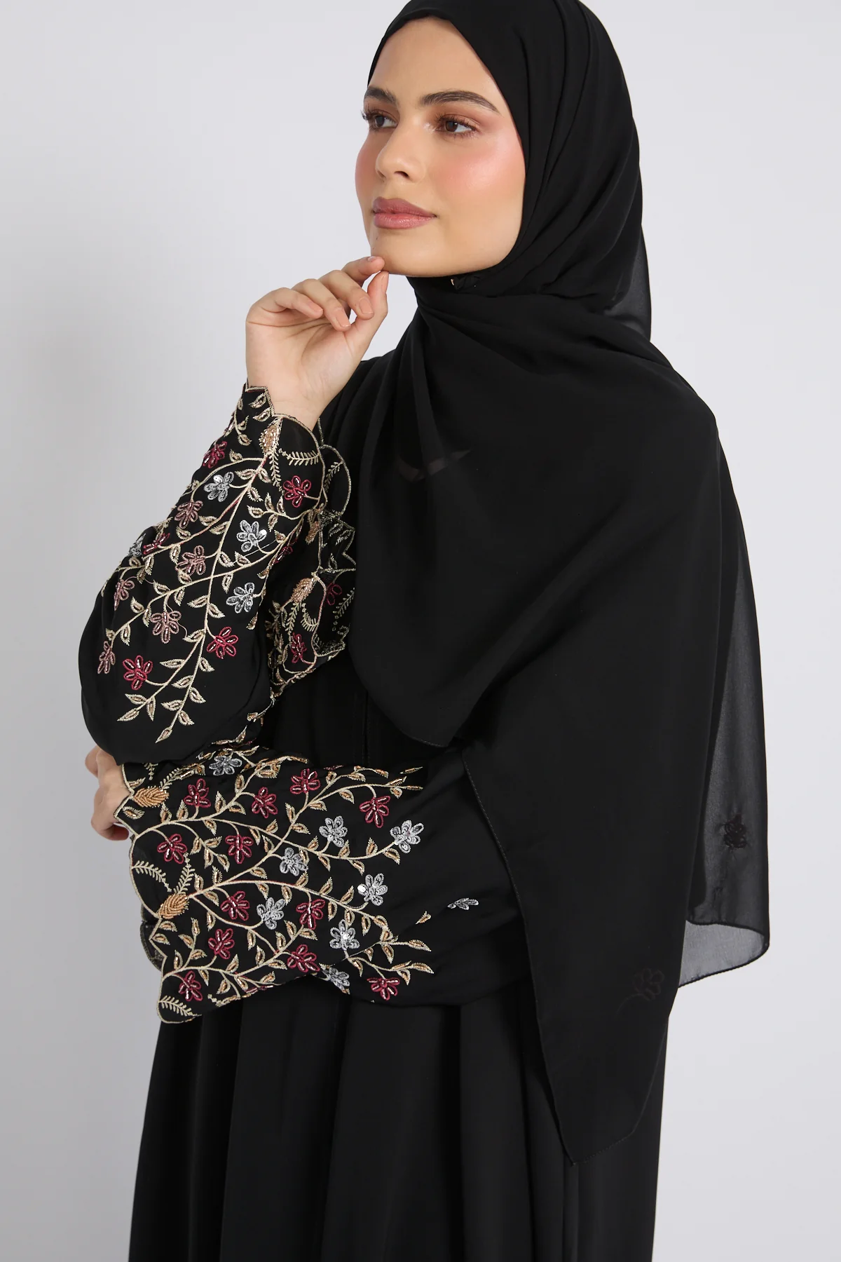 Premium Midnight Black Bloom Open Embroidered Abaya - Image 4