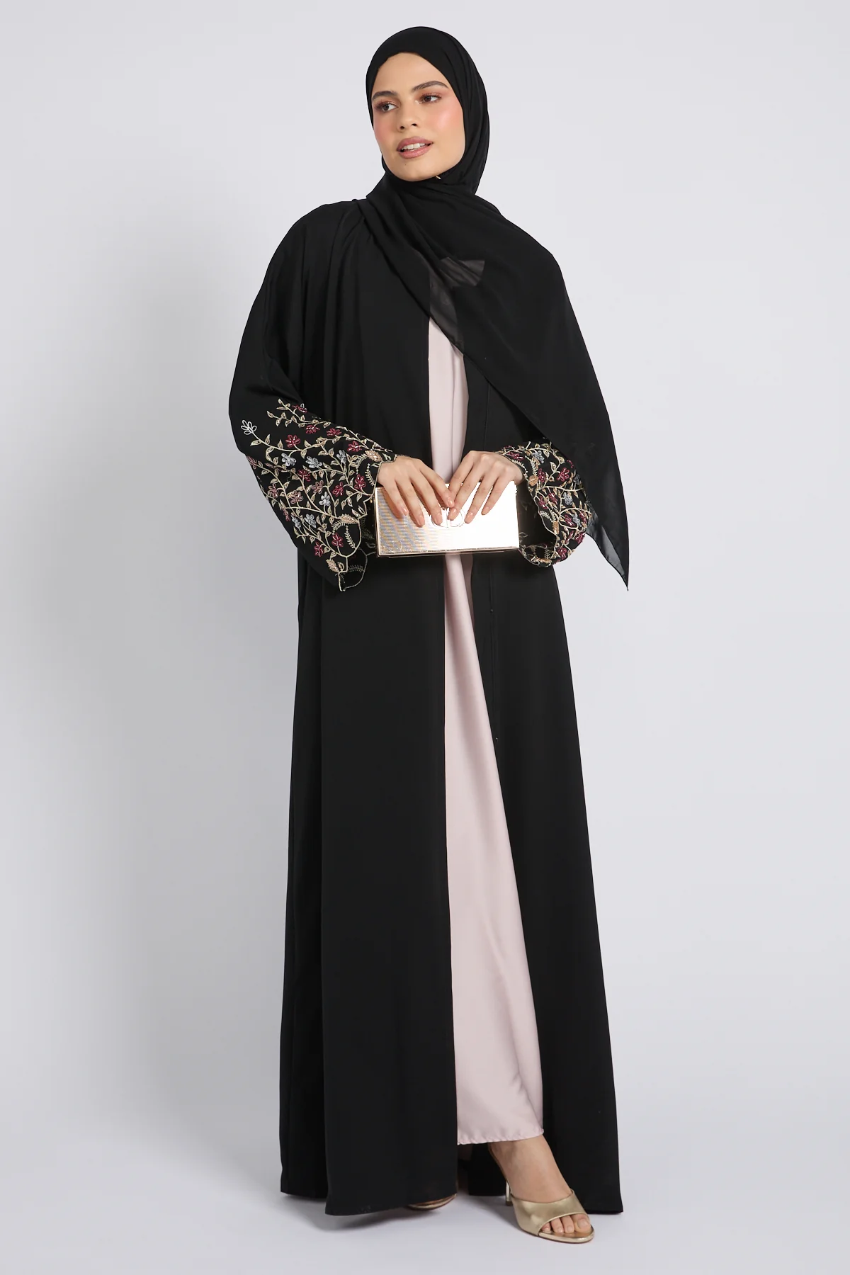 Premium Midnight Black Bloom Open Embroidered Abaya - Image 5
