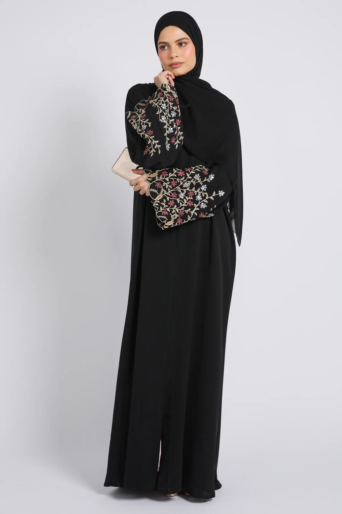 Premium Midnight Black Bloom Open Embroidered Abaya - Image 6
