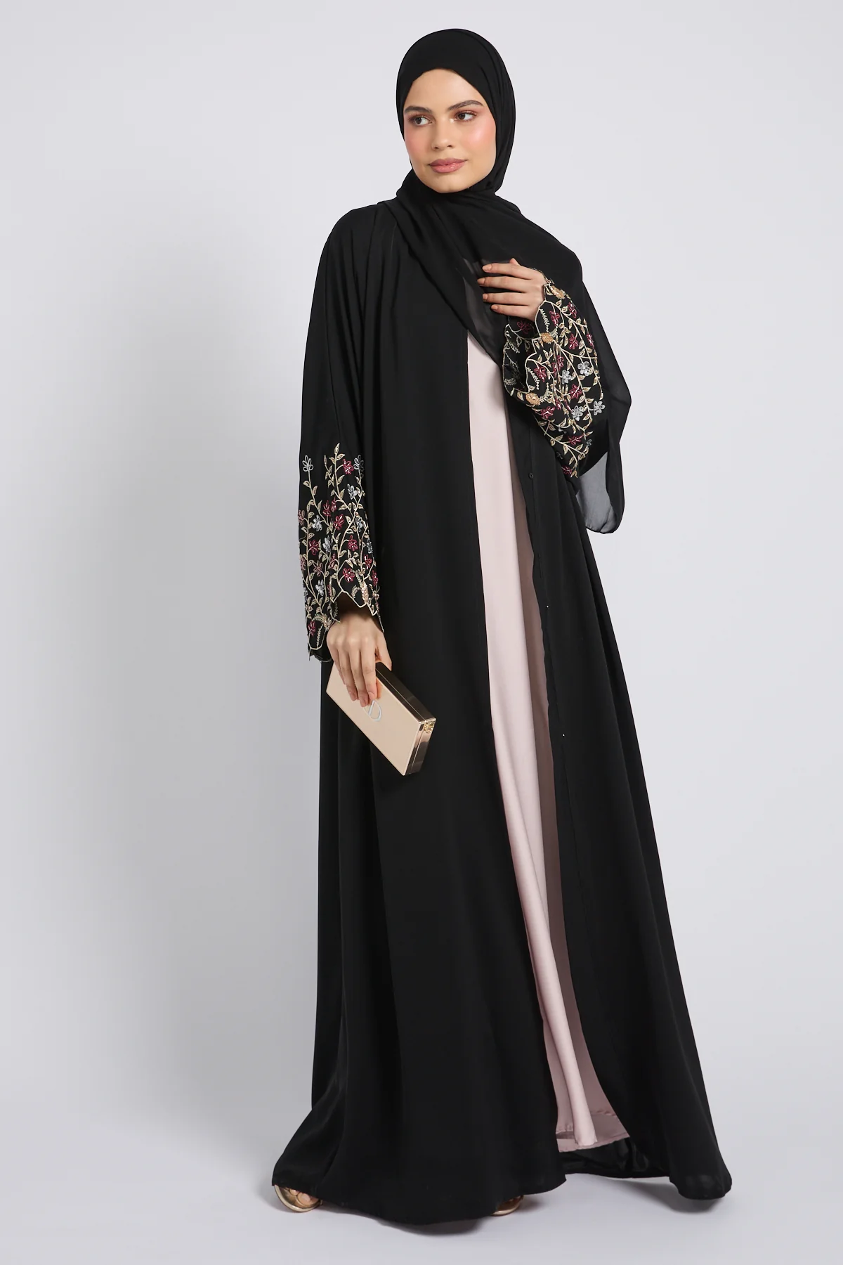 Premium Midnight Black Bloom Open Embroidered Abaya - Image 7