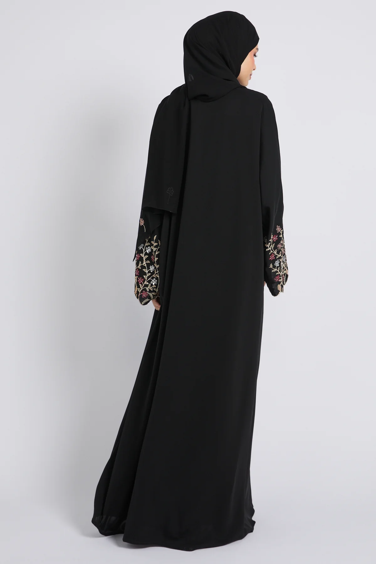 Premium Midnight Black Bloom Open Embroidered Abaya - Image 8