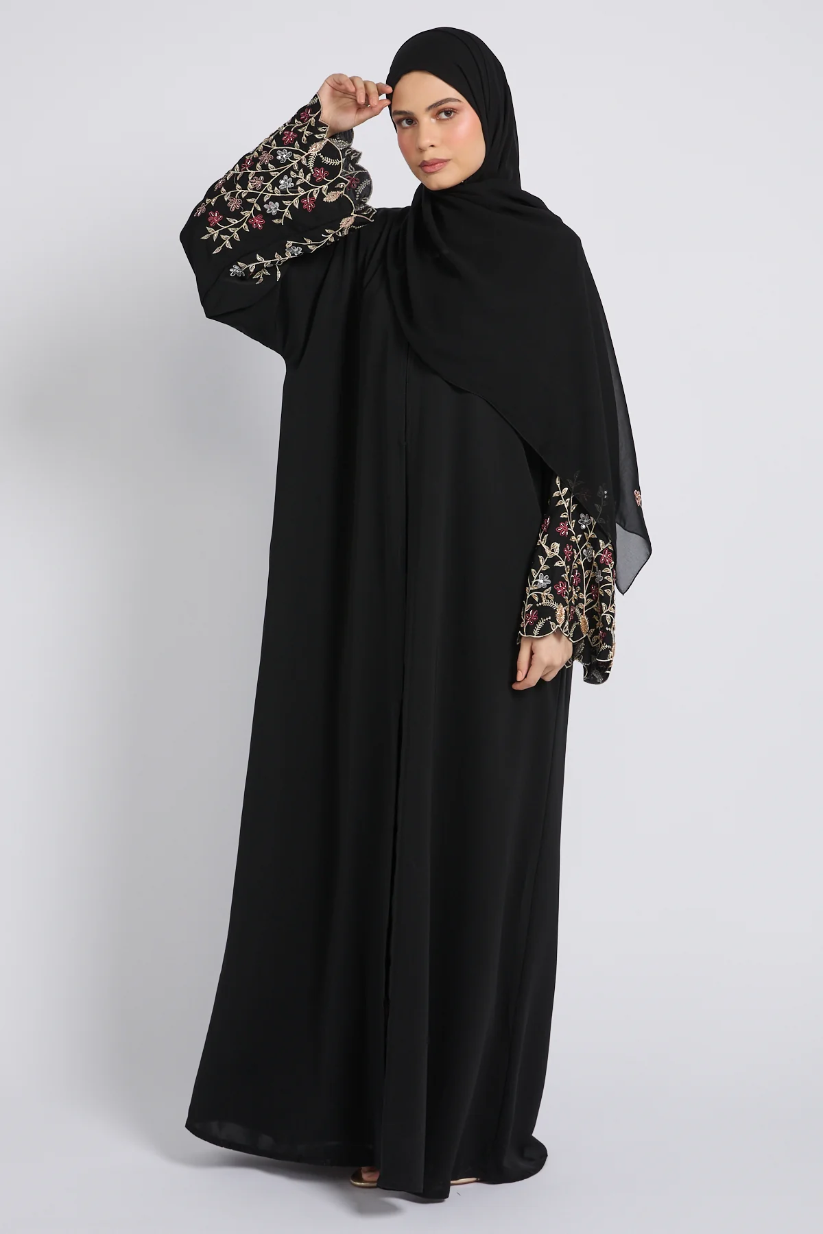Premium Midnight Black Bloom Open Embroidered Abaya - Image 9