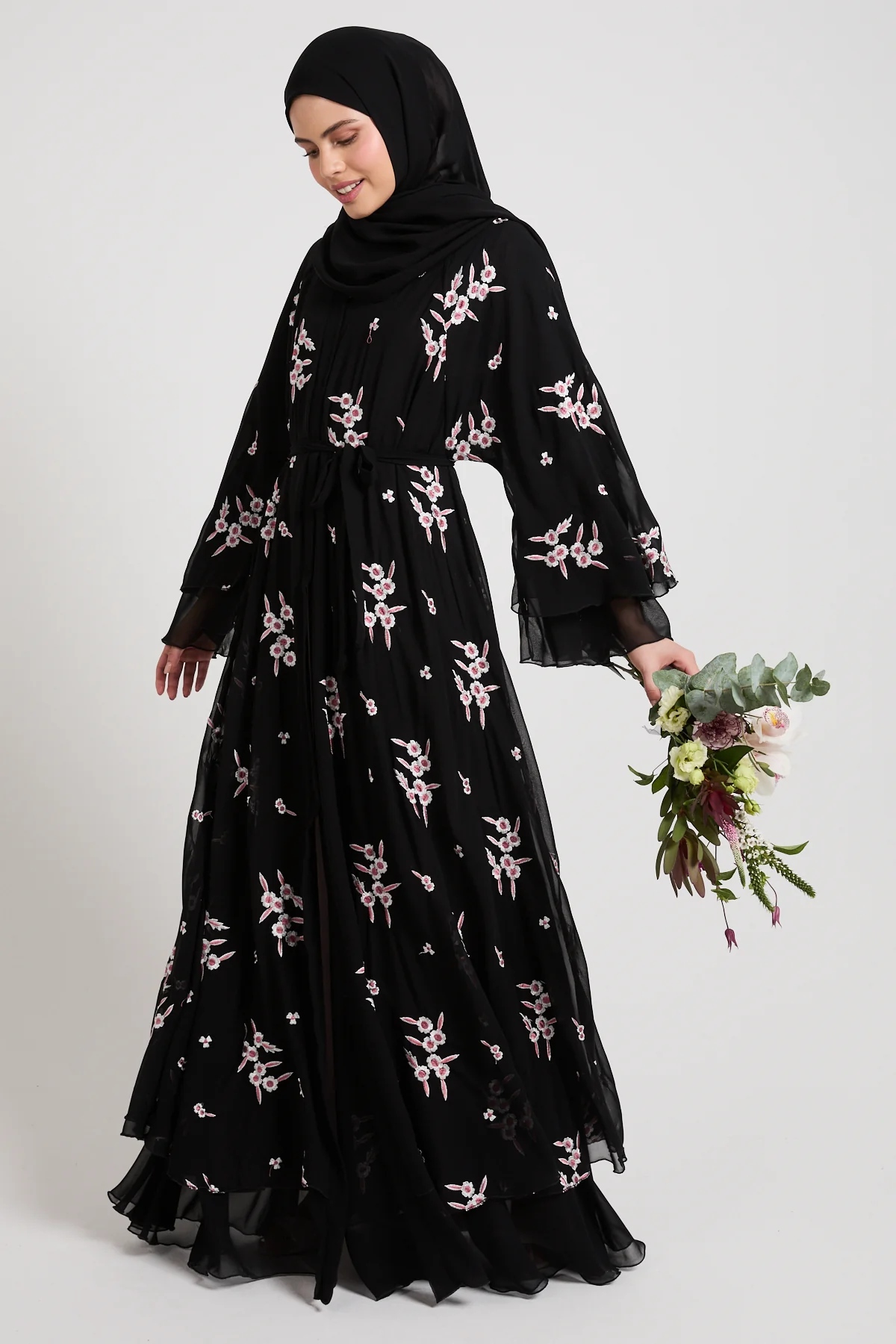 Premium Midnight Blossom Embroidered Chiffon Open Abaya