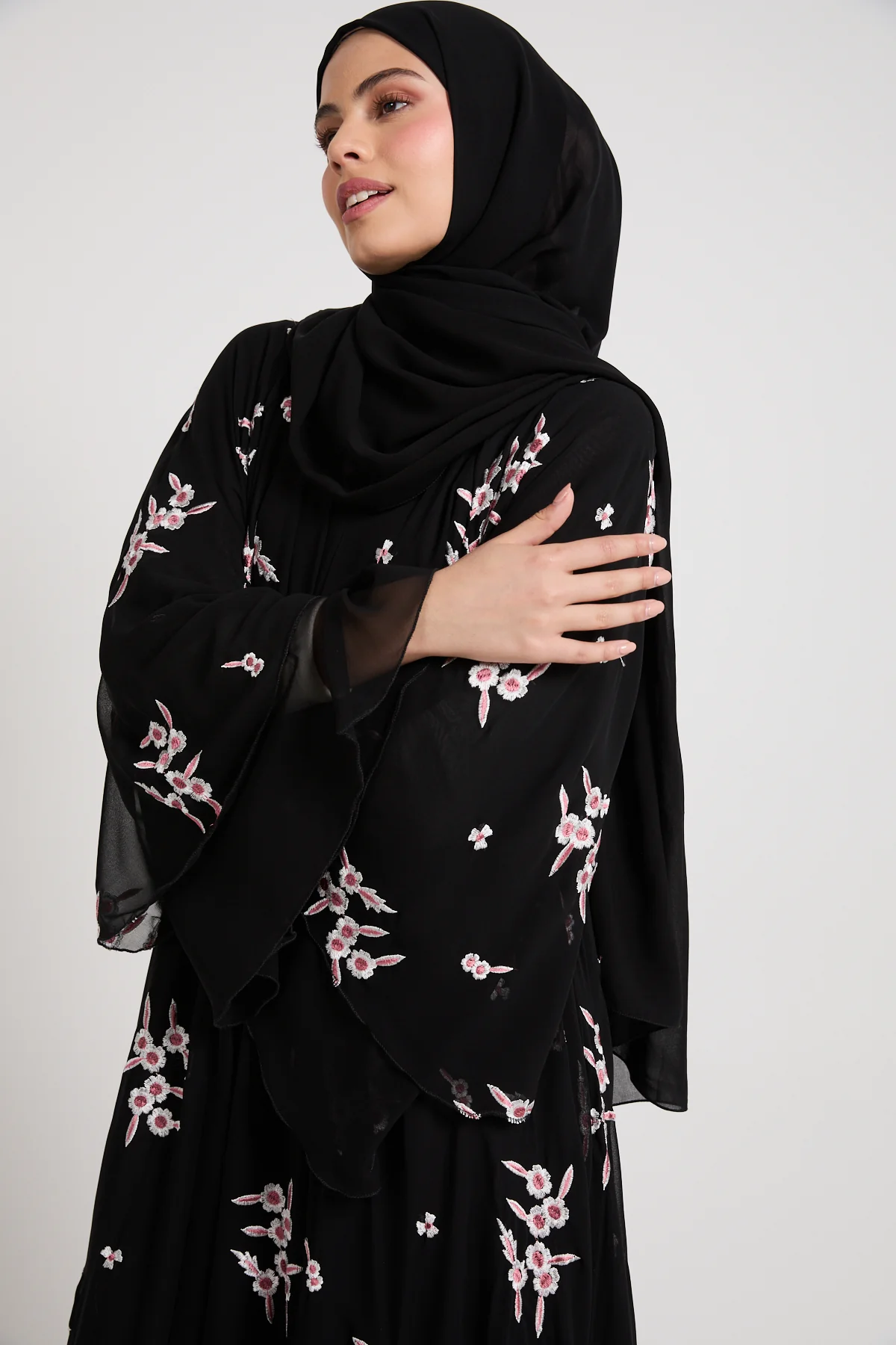 Premium Midnight Blossom Embroidered Chiffon Open Abaya - Image 2