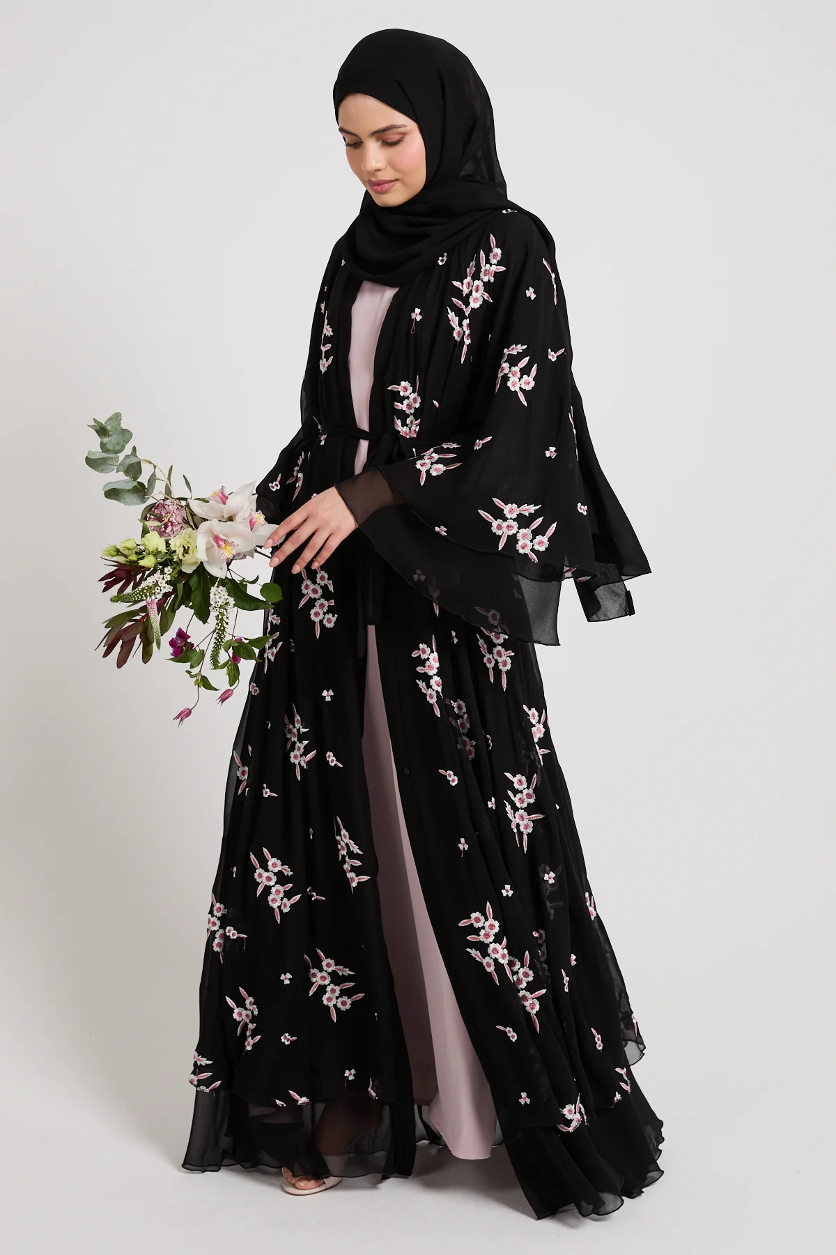 Premium Midnight Blossom Embroidered Chiffon Open Abaya - Image 3