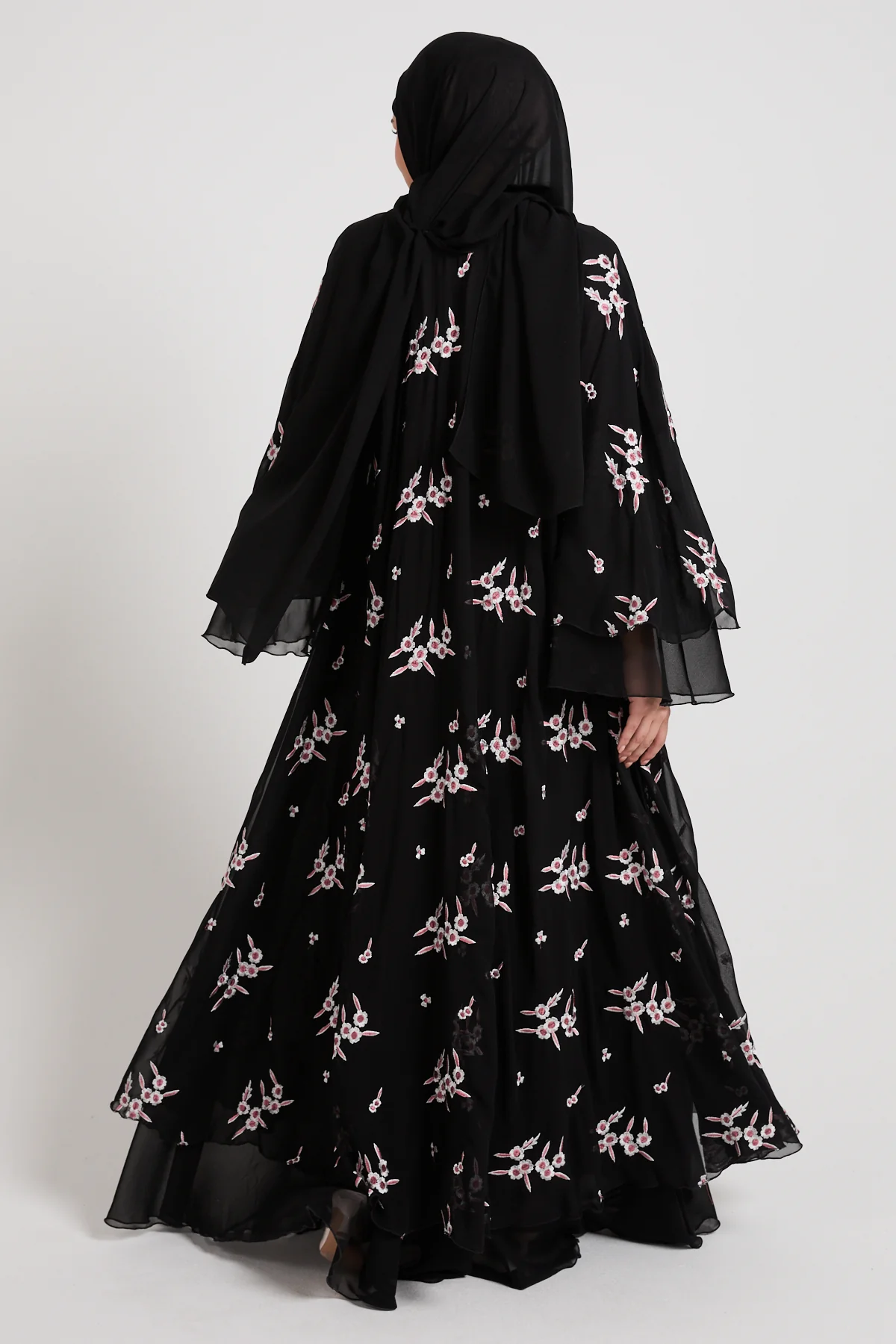 Premium Midnight Blossom Embroidered Chiffon Open Abaya - Image 4